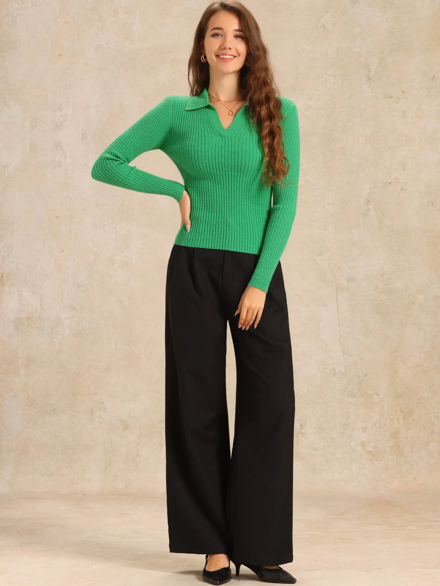 Knit Collared V Neck Solid Color Sweater Top sold by Allegra K