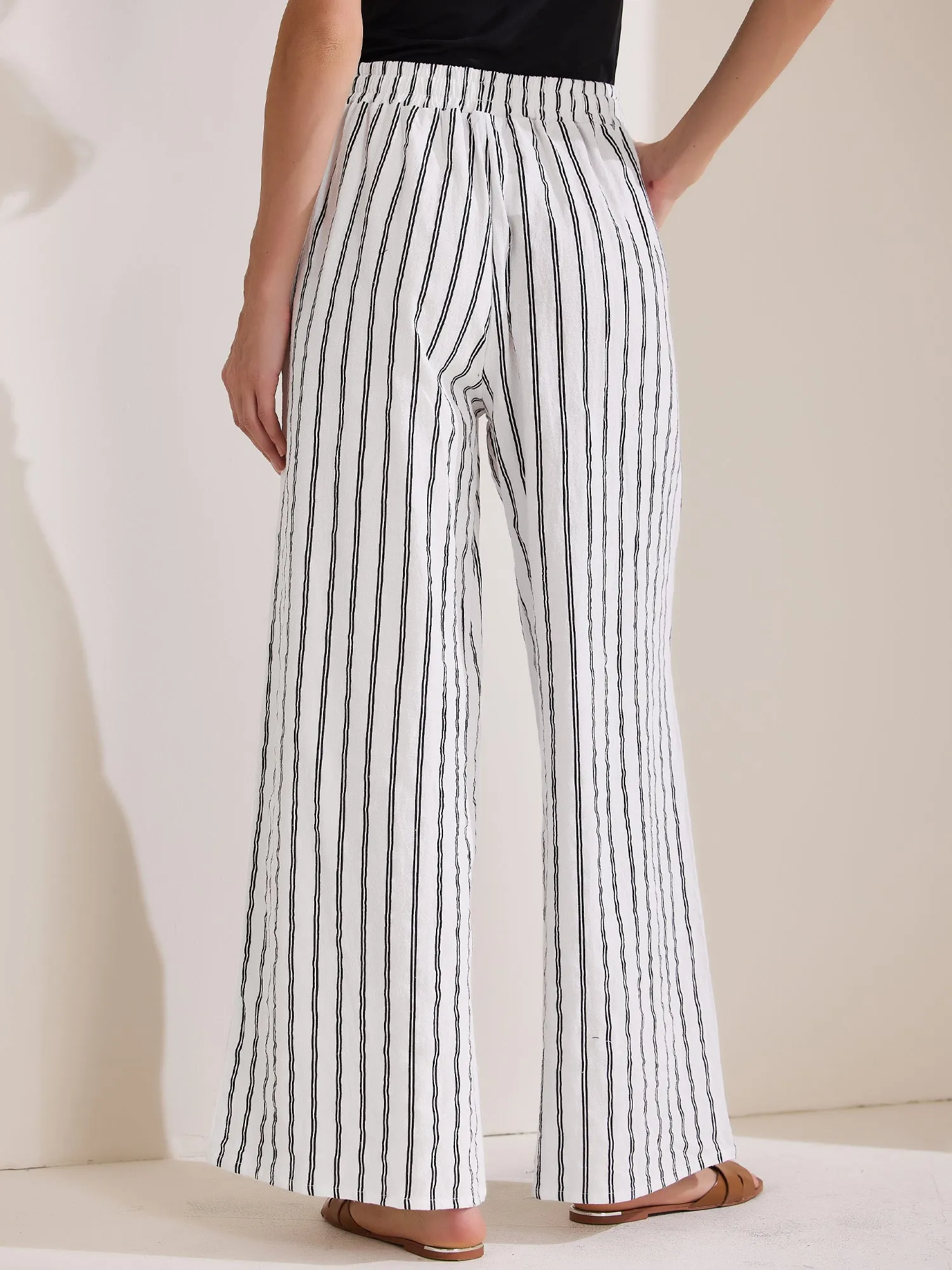 Casual Drawstring Striped Wide Leg High Waist Cotton Pants sold by Allegra K product image thumbnail 3