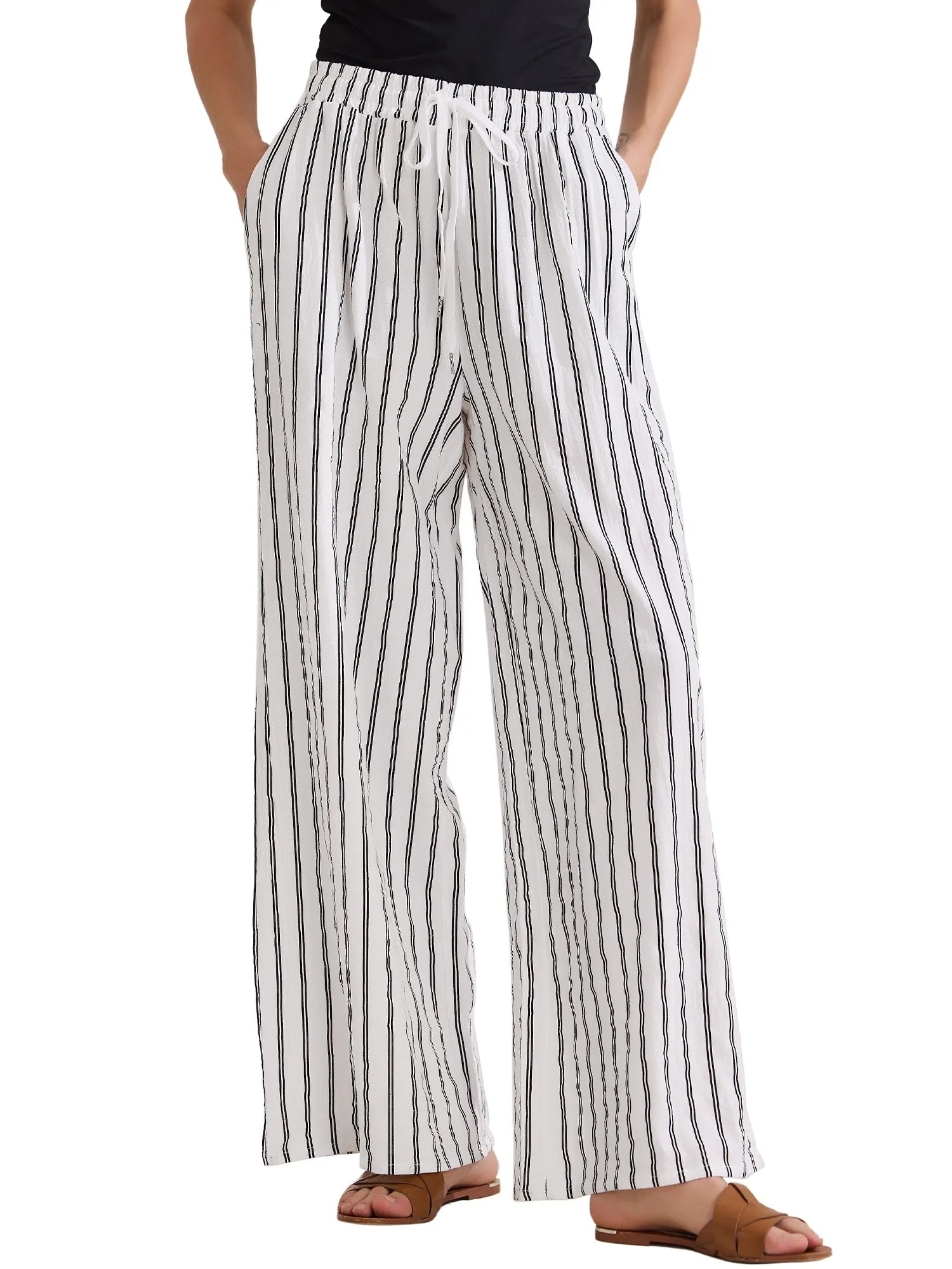 Casual Drawstring Striped Wide Leg High Waist Cotton Pants sold by Allegra K product image thumbnail 5