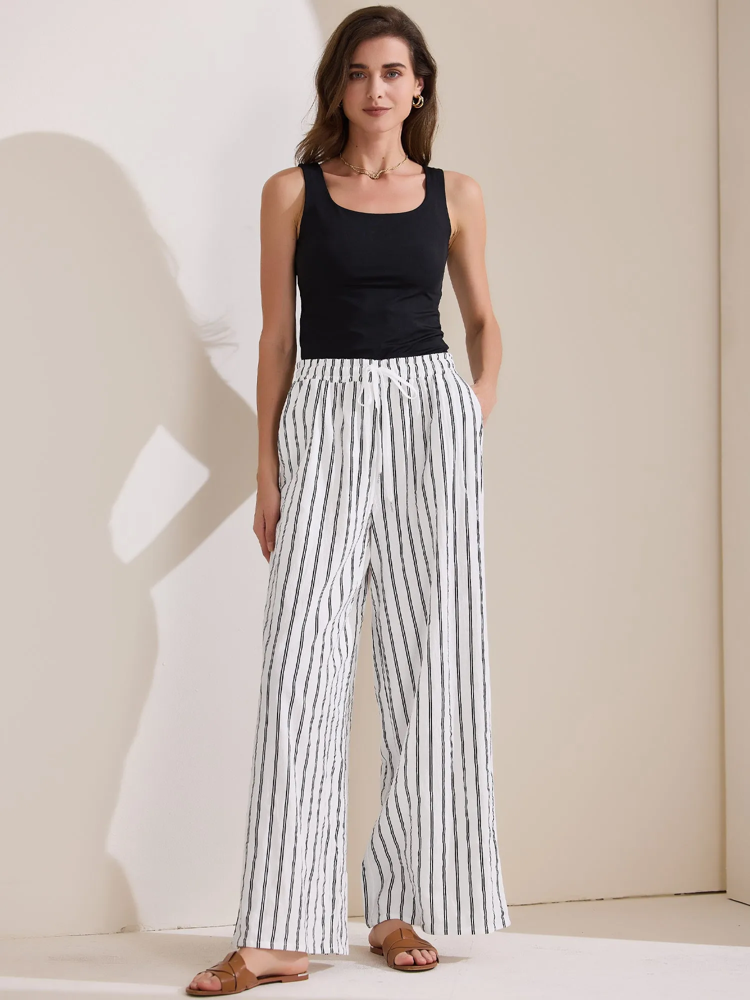 Casual Drawstring Striped Wide Leg High Waist Cotton Pants sold by Allegra K product image thumbnail 2