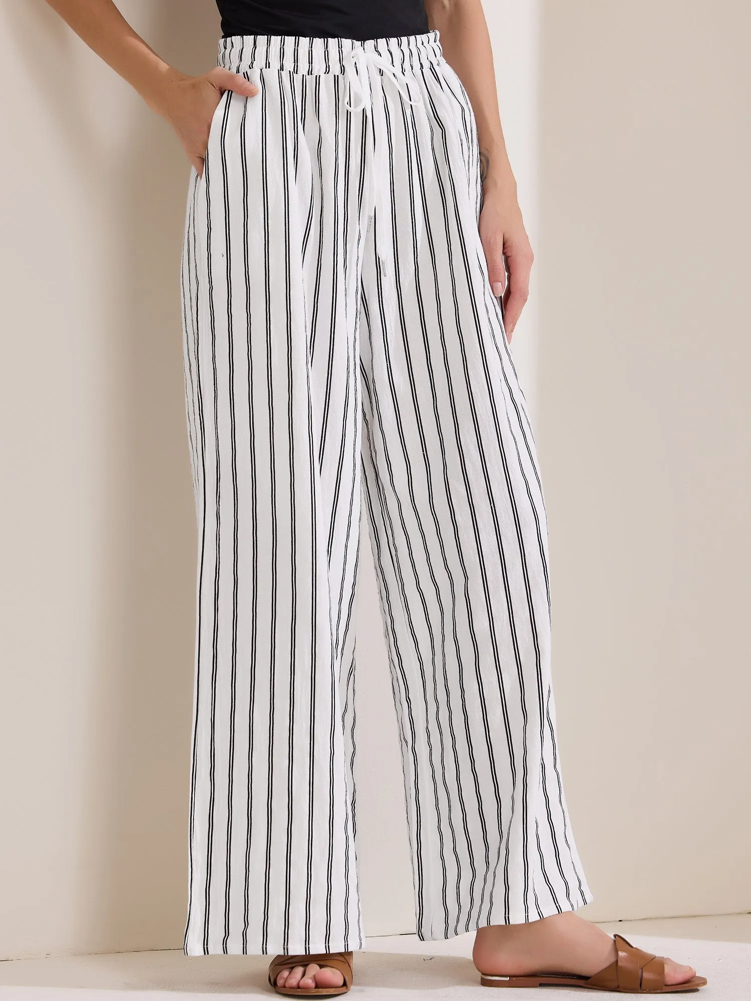 Casual Drawstring Striped Wide Leg High Waist Cotton Pants sold by Allegra K
