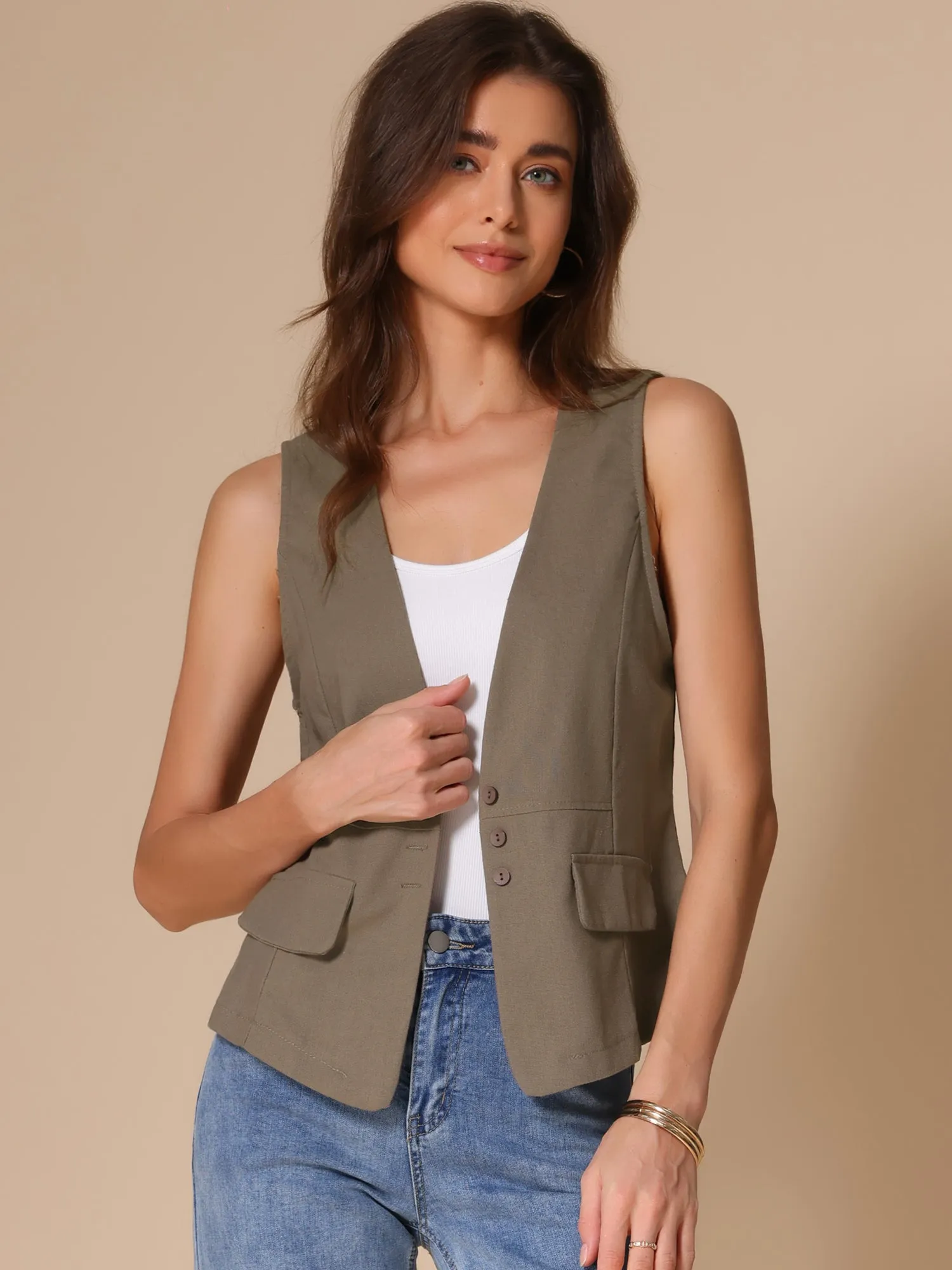 Sleeveless Lightweight Waistcoat Linen Vest sold by Allegra K