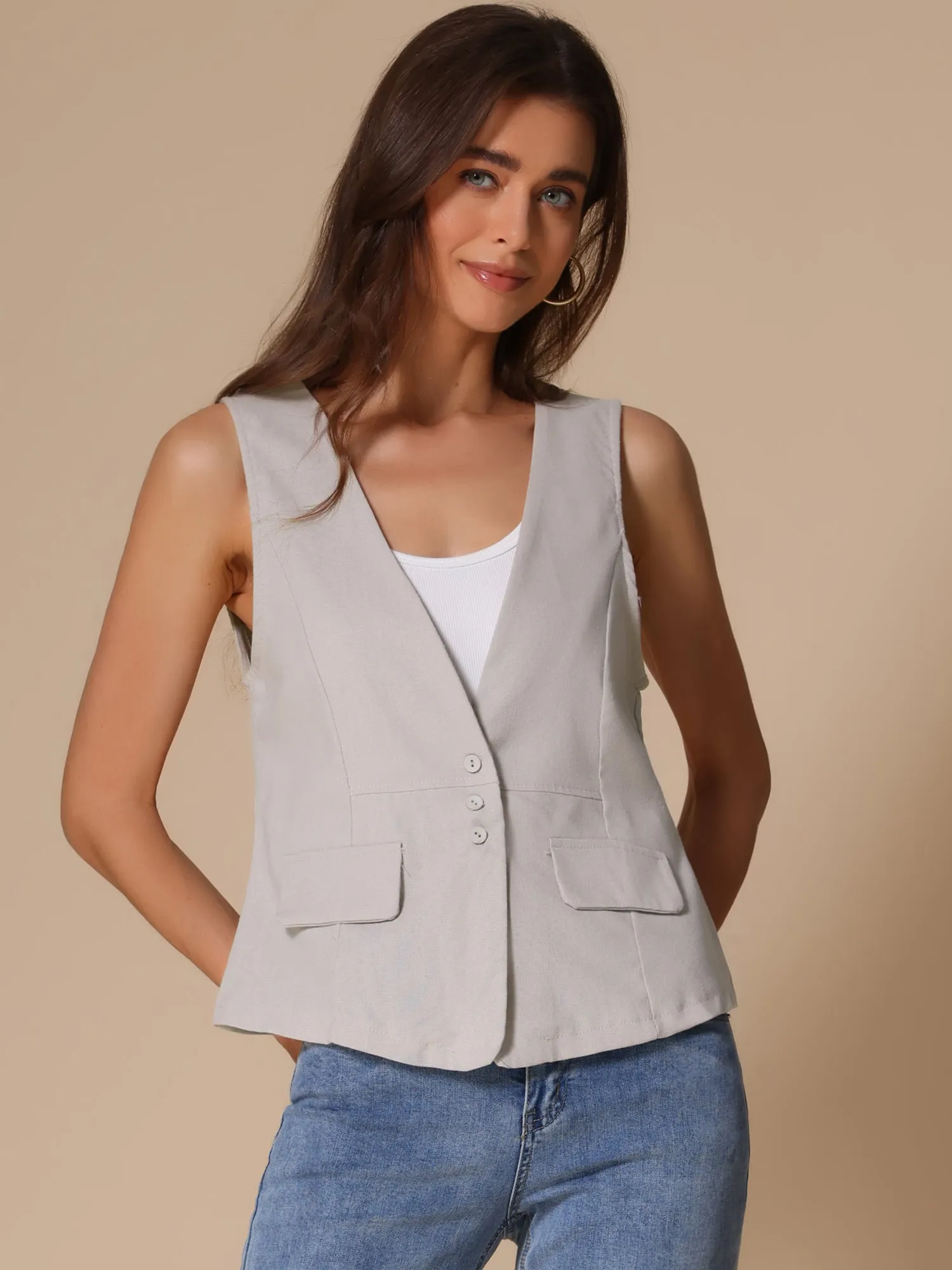 Sleeveless Lightweight Waistcoat Linen Vest sold by Allegra K product image thumbnail 5