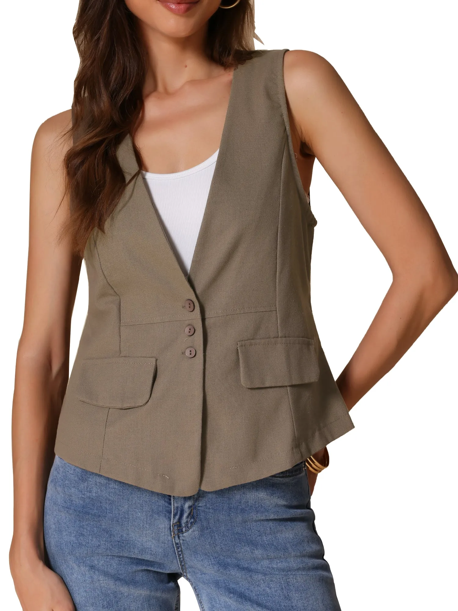 Sleeveless Lightweight Waistcoat Linen Vest sold by Allegra K product image thumbnail 4