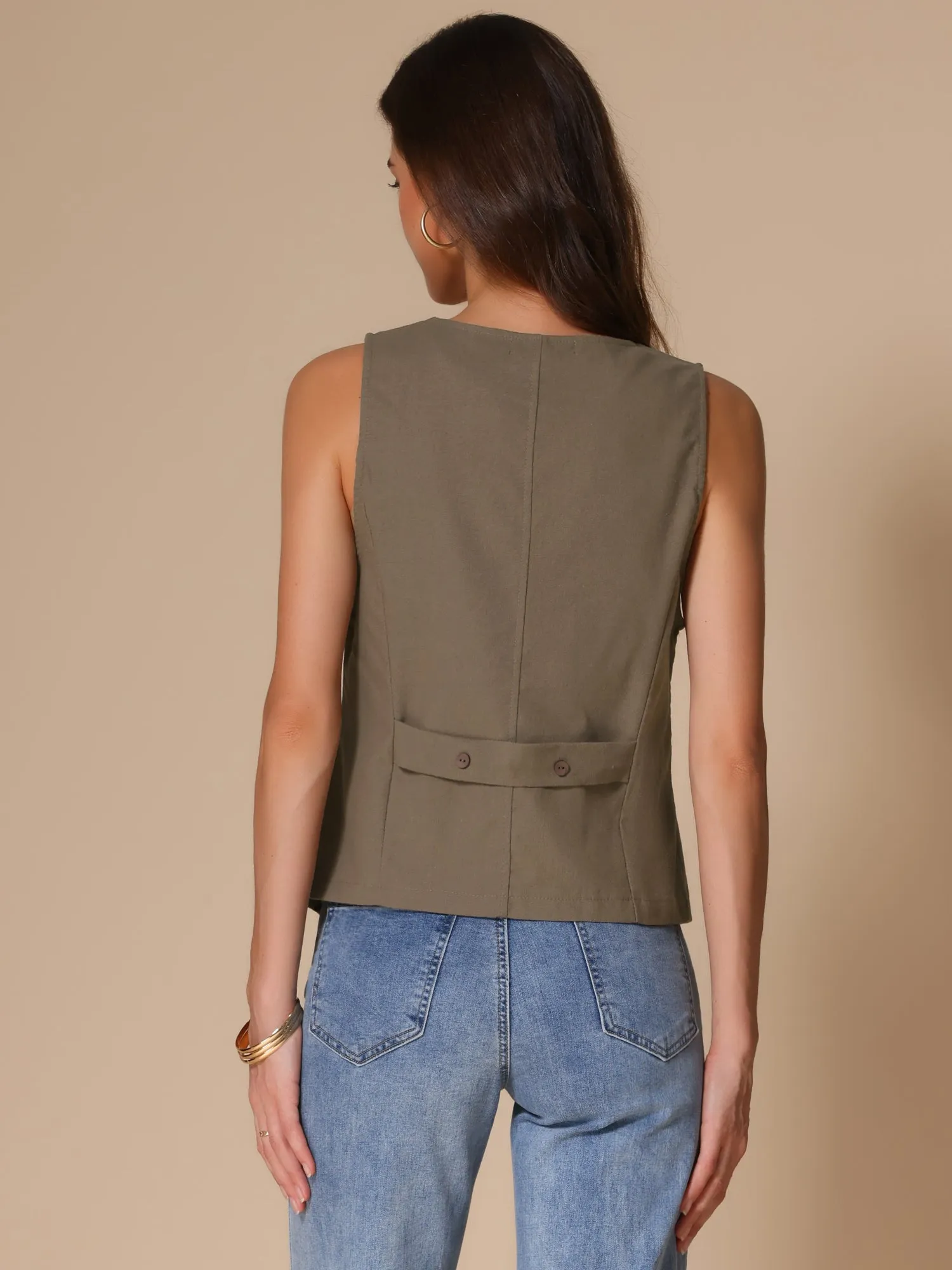 Sleeveless Lightweight Waistcoat Linen Vest sold by Allegra K product image thumbnail 3