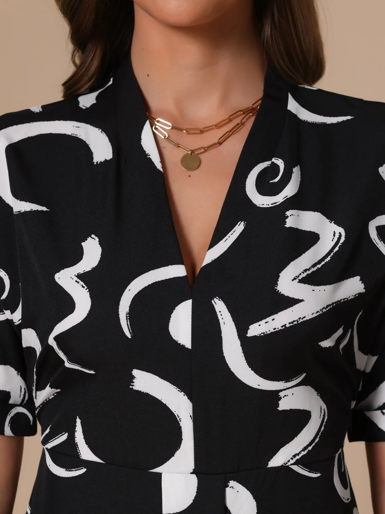 Short Sleeve V Neck High Waist Graphic Midi Slit Dress sold by Allegra K product image thumbnail 4