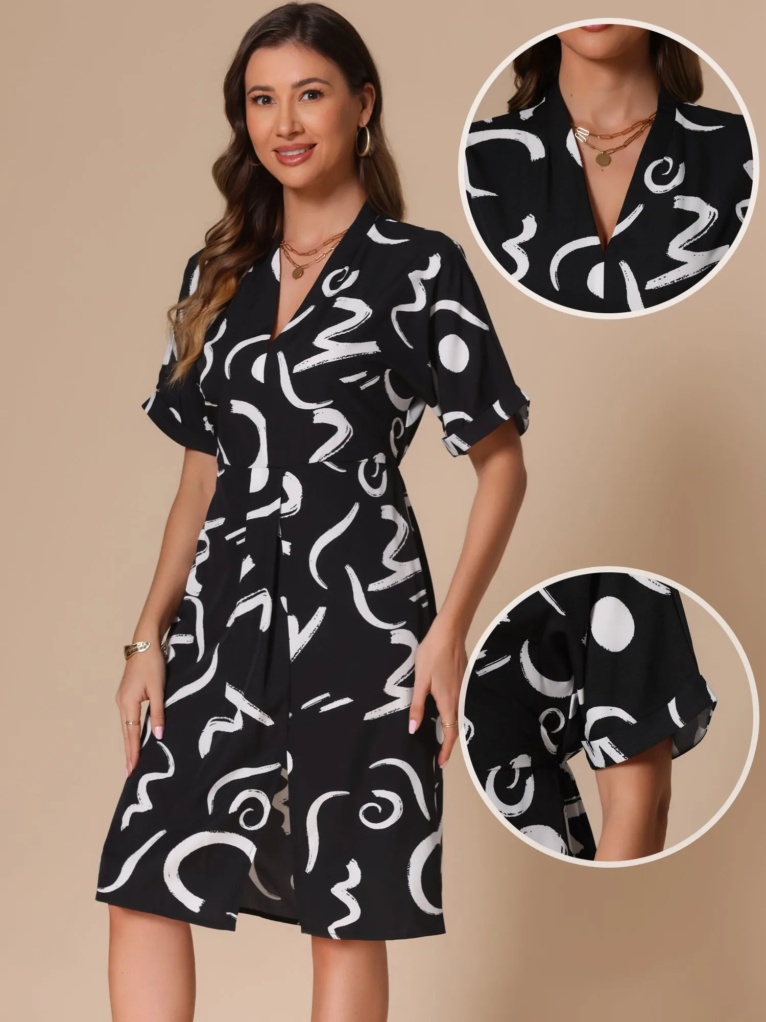 Short Sleeve V Neck High Waist Graphic Midi Slit Dress sold by Allegra K product image thumbnail 2