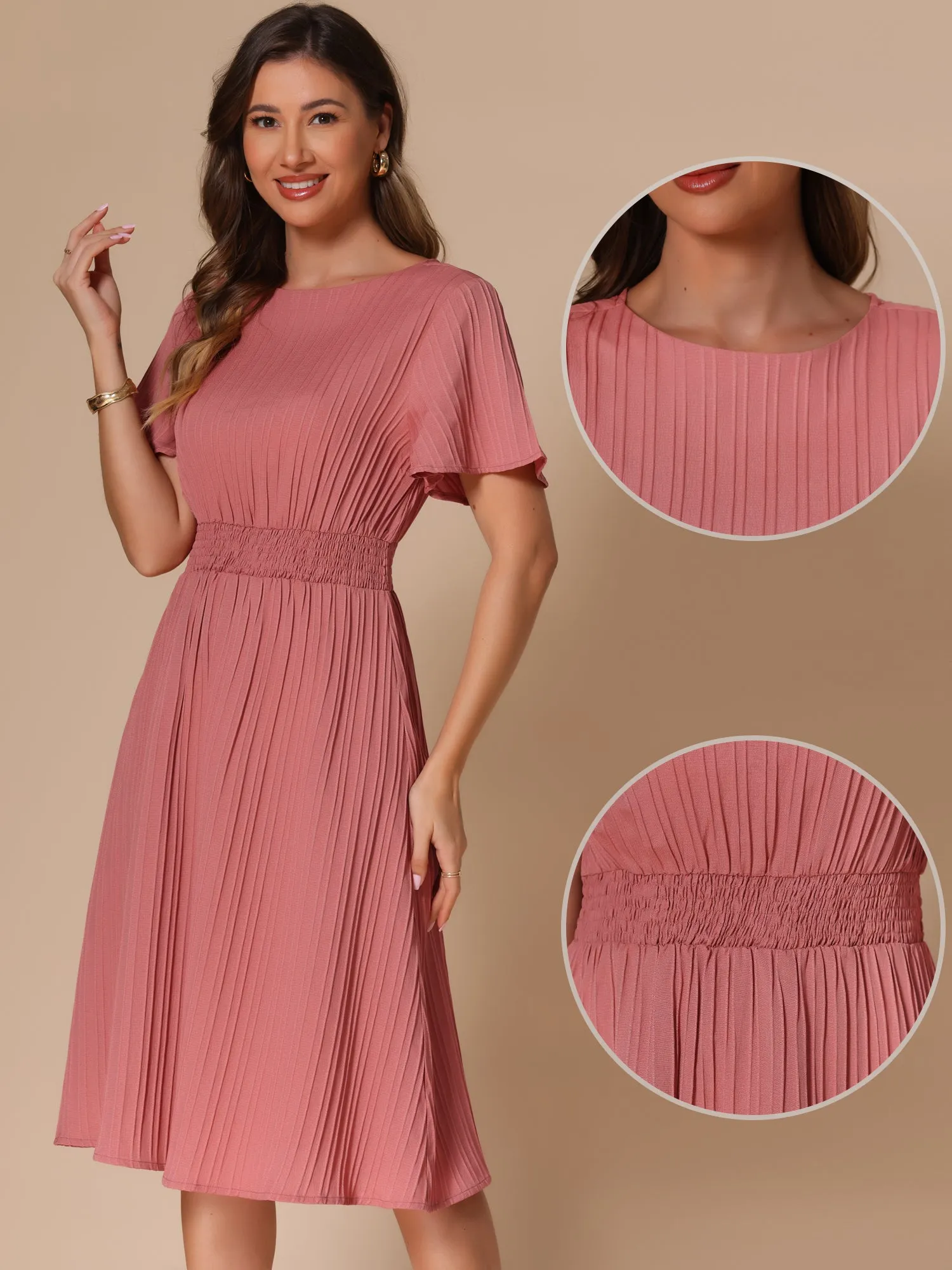 Textured Short Sleeve Smocked Wasit A-Line Midi Dress sold by Allegra K product image thumbnail 2