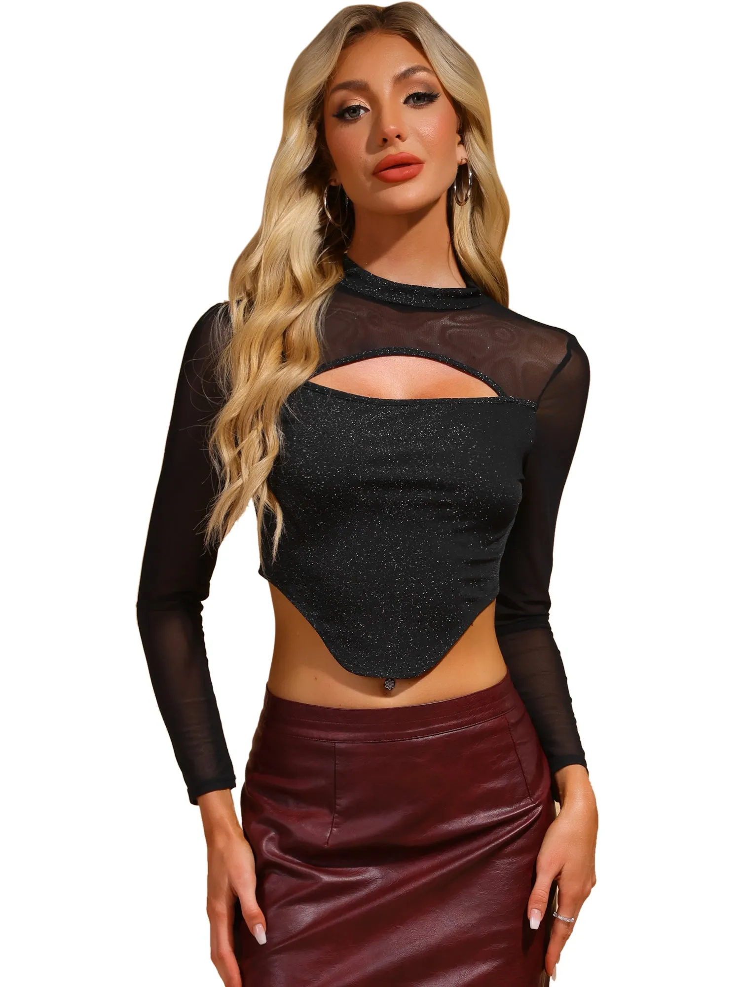 Glitter Mock Neck Keyhole Mesh Clubewear Sparkly Cropped Top sold by Allegra K product image thumbnail 5