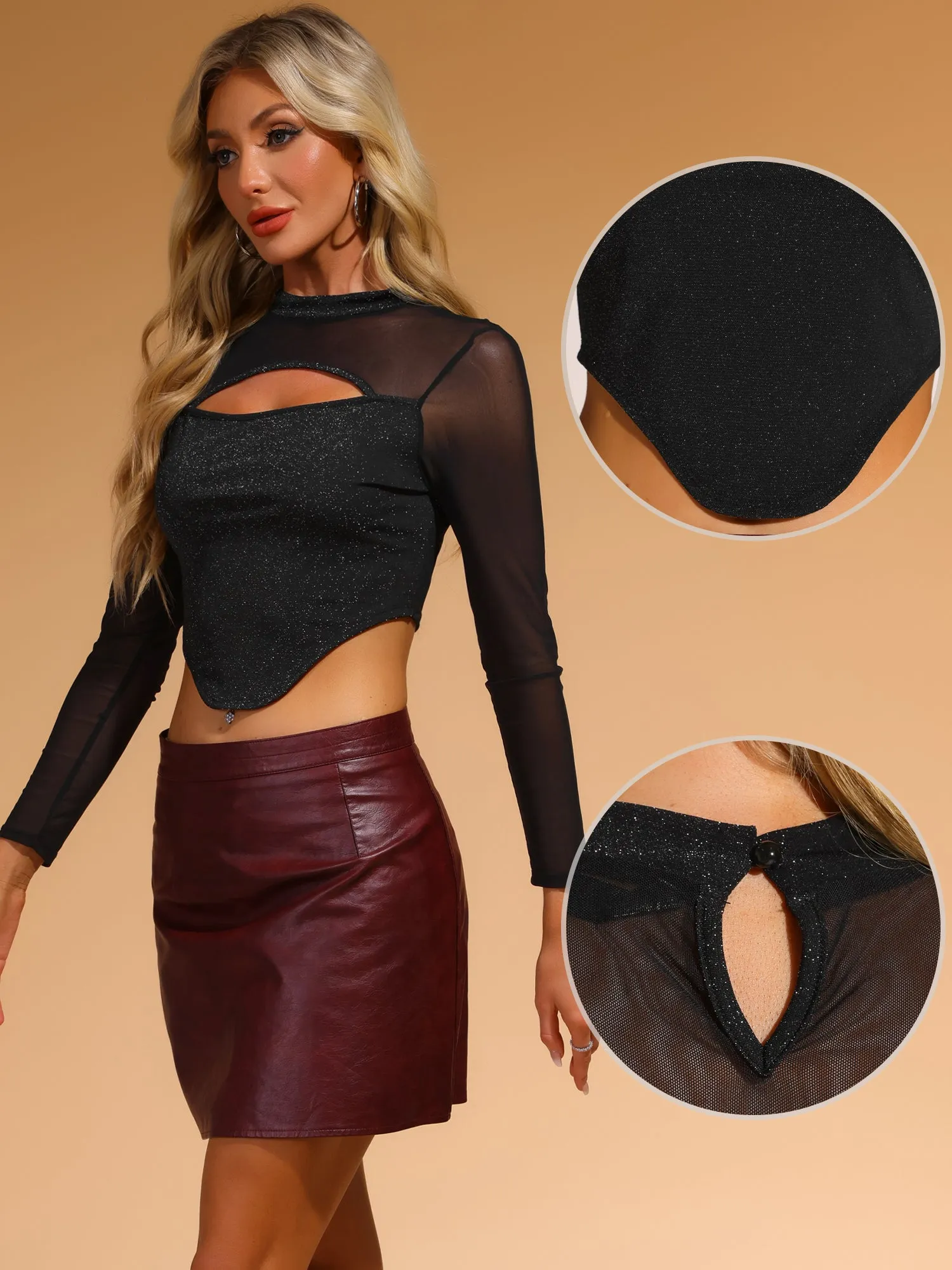 Glitter Mock Neck Keyhole Mesh Clubewear Sparkly Cropped Top sold by Allegra K product image thumbnail 2