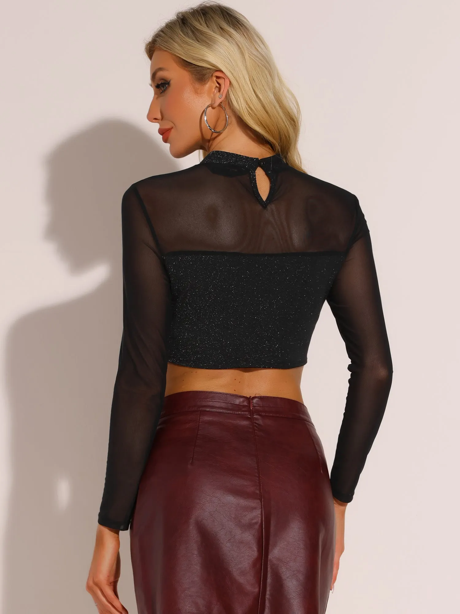 Glitter Mock Neck Keyhole Mesh Clubewear Sparkly Cropped Top sold by Allegra K product image thumbnail 3