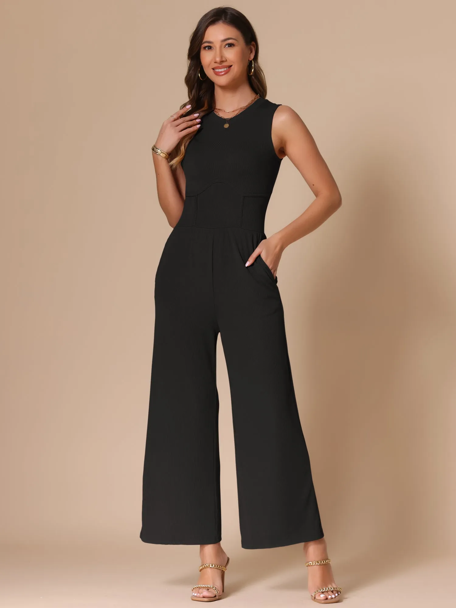 Solid Color Sleeveless Crew Neck Wide Leg Jumpsuits sold by Allegra K