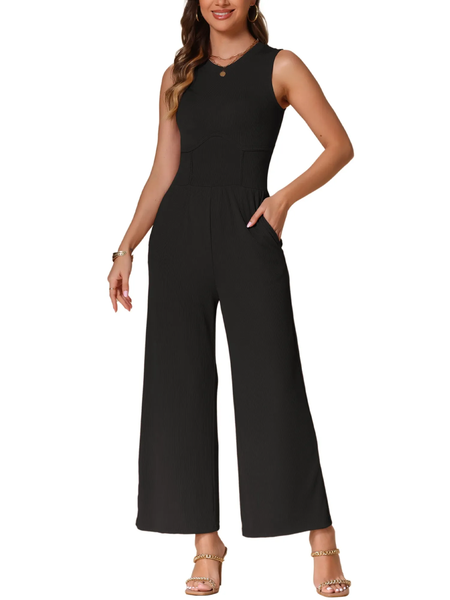 Solid Color Sleeveless Crew Neck Wide Leg Jumpsuits sold by Allegra K product image thumbnail 5