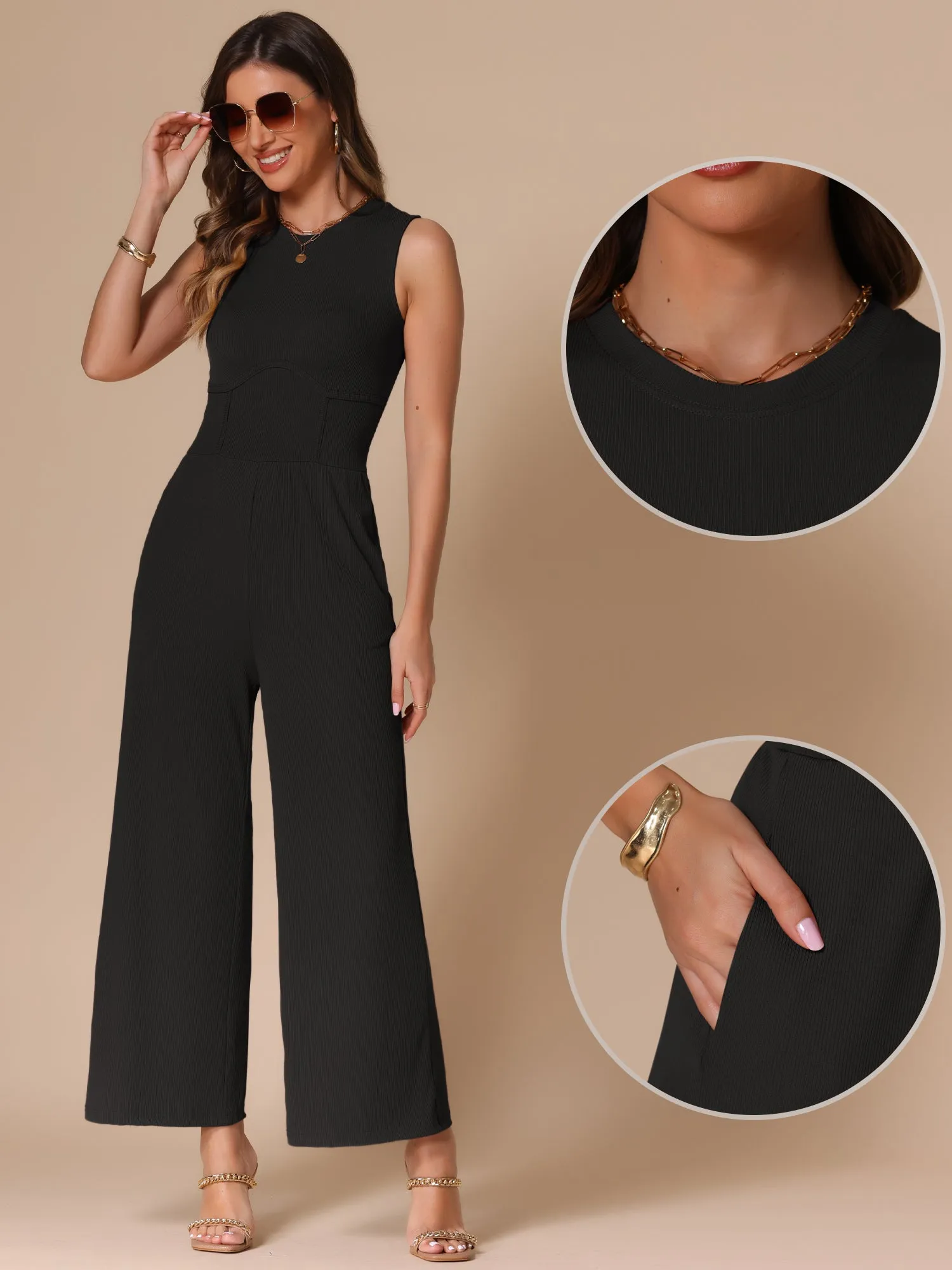 Solid Color Sleeveless Crew Neck Wide Leg Jumpsuits sold by Allegra K product image thumbnail 2