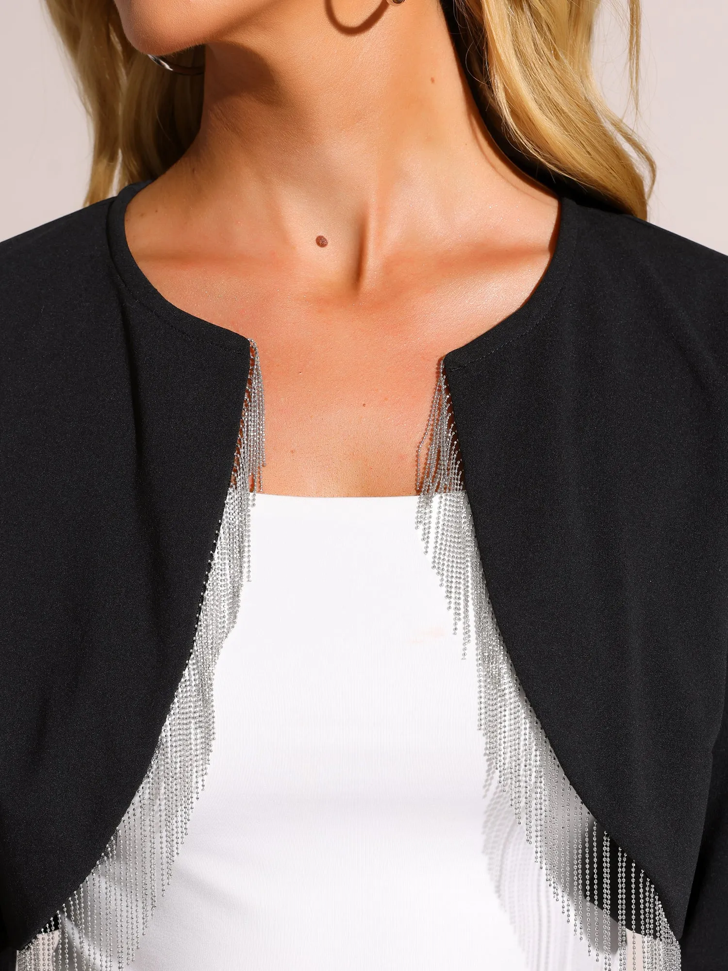 Fringe Trim Long Sleeve Party Cropped Jacket Bolero Shrugs sold by Allegra K product image thumbnail 4