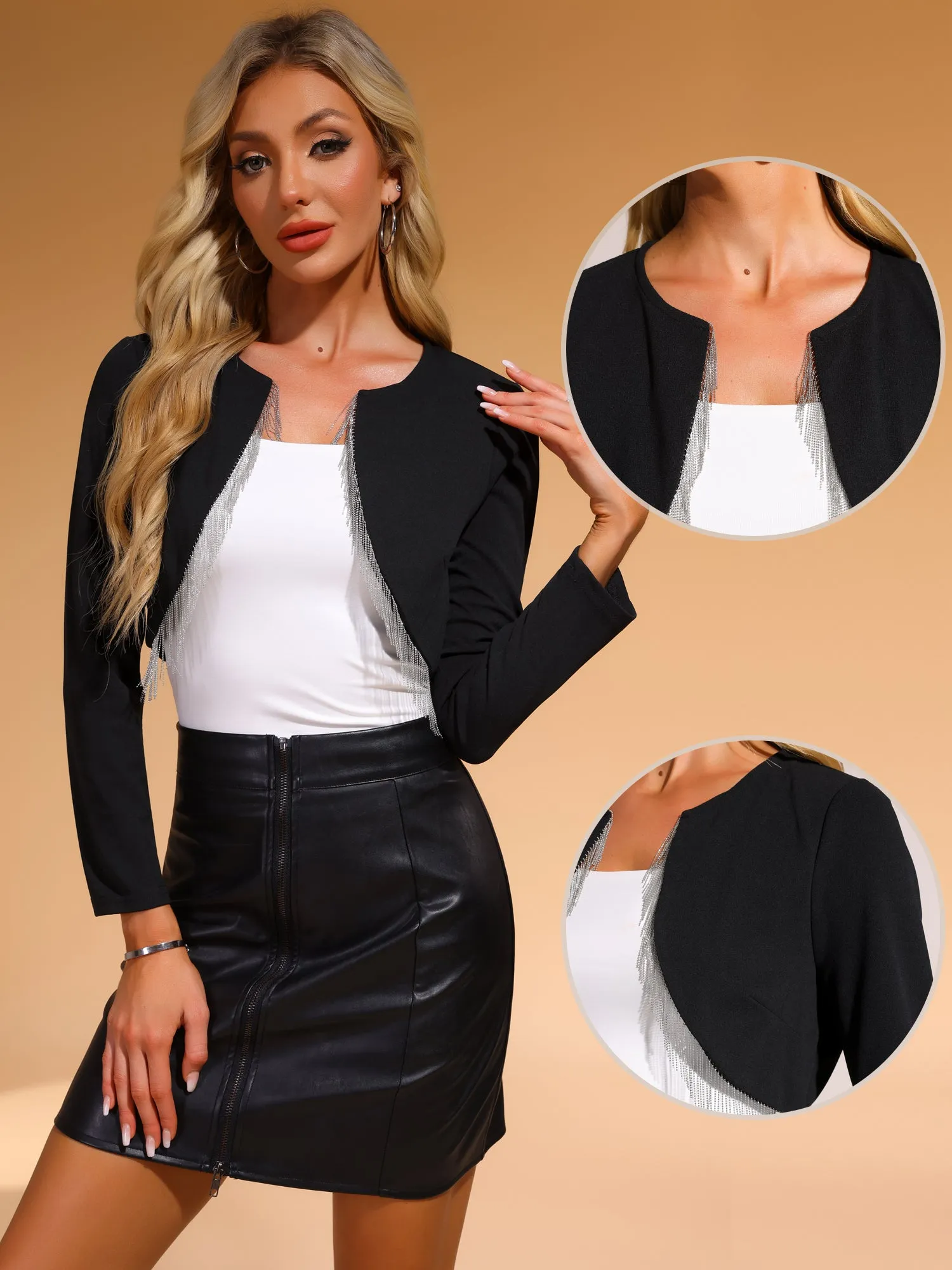 Fringe Trim Long Sleeve Party Cropped Jacket Bolero Shrugs sold by Allegra K product image thumbnail 3