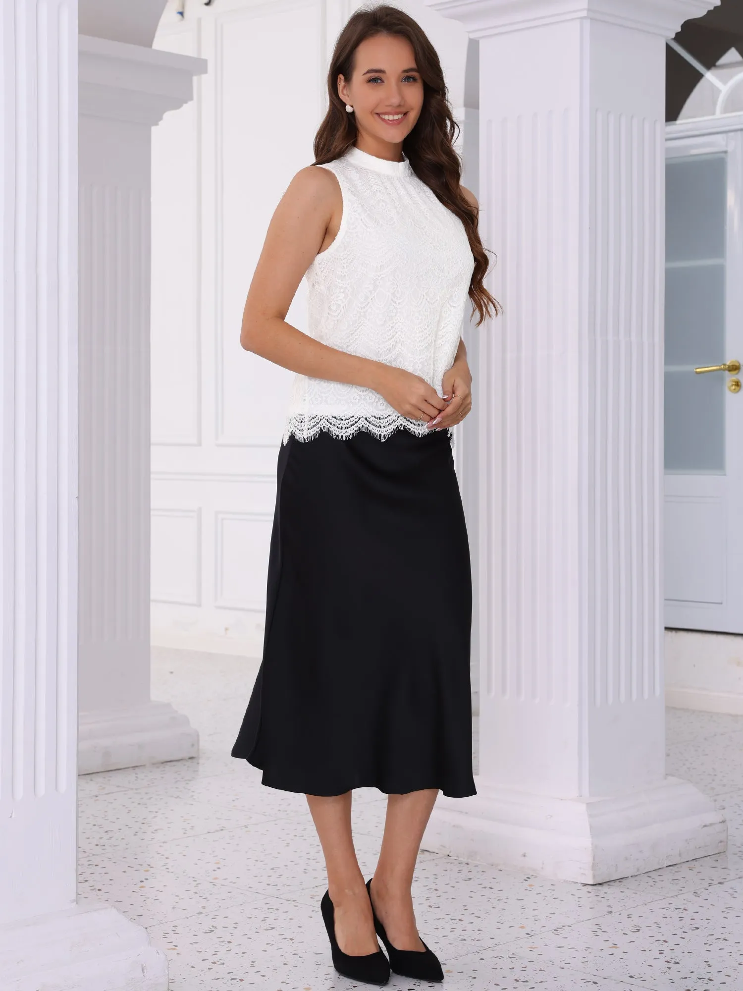 Lace Sleeveless Mock Neck Dressy Casual Blouse sold by Allegra K product image thumbnail 3