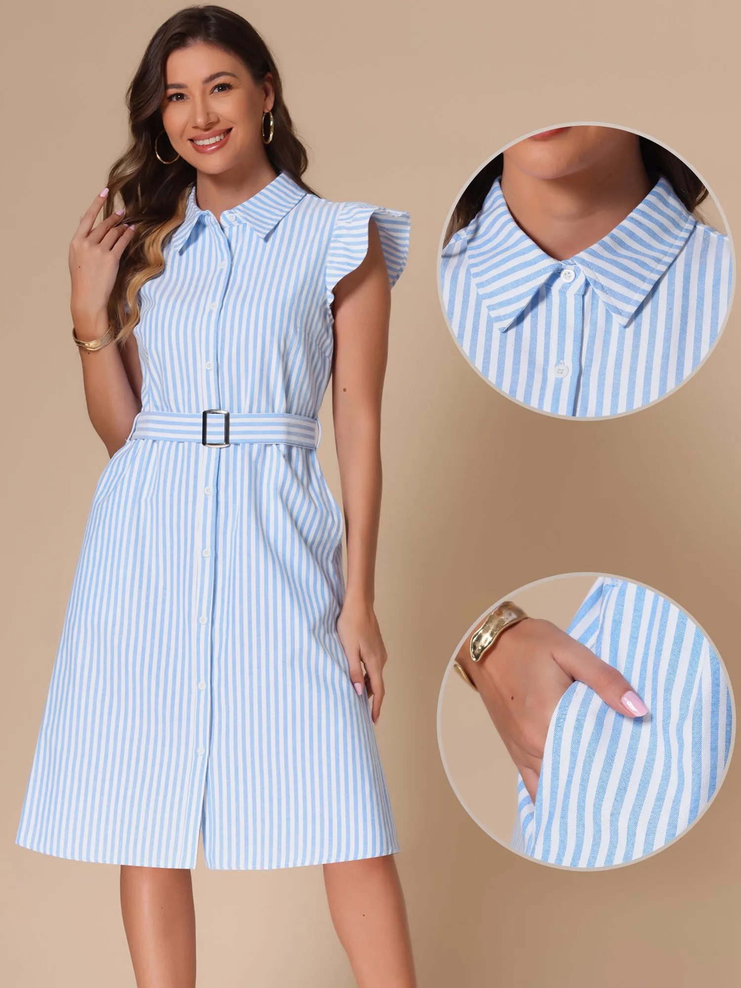 Striped Collar Ruffled Sleeve Belted Midi Shirt Dress sold by Allegra K product image thumbnail 2