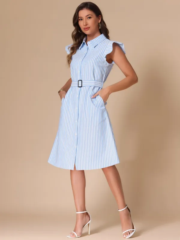 Striped Collar Ruffled Sleeve Belted Midi Shirt Dress sold by Allegra K