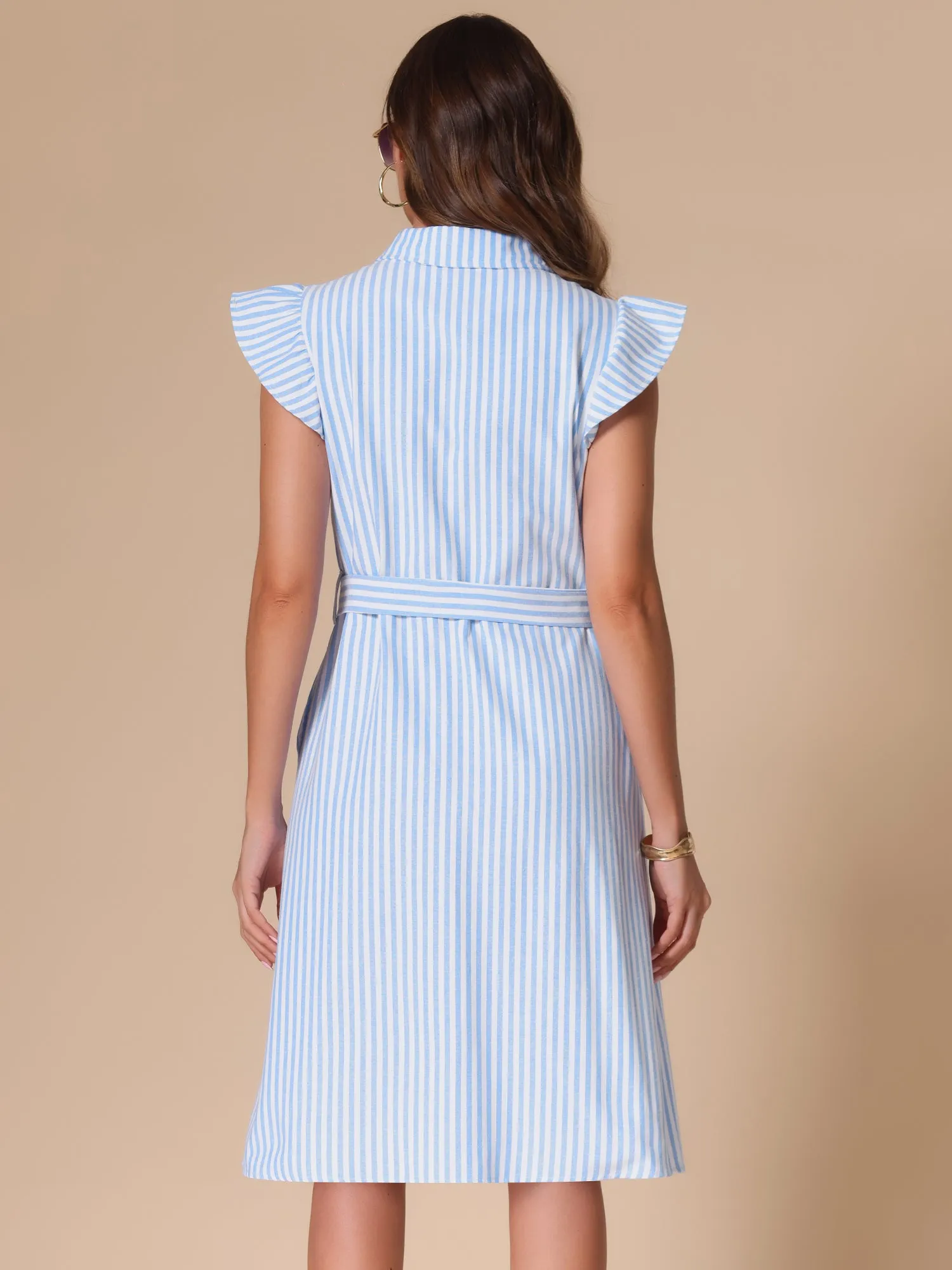 Striped Collar Ruffled Sleeve Belted Midi Shirt Dress sold by Allegra K product image thumbnail 3