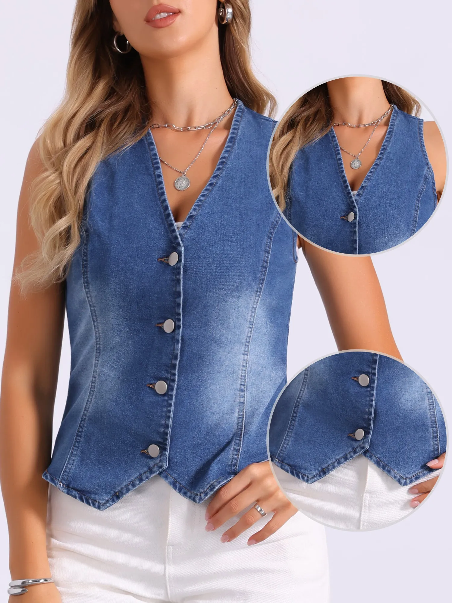 Denim Sleeveless Button Down Jean Waistcoat Vest sold by Allegra K product image thumbnail 2