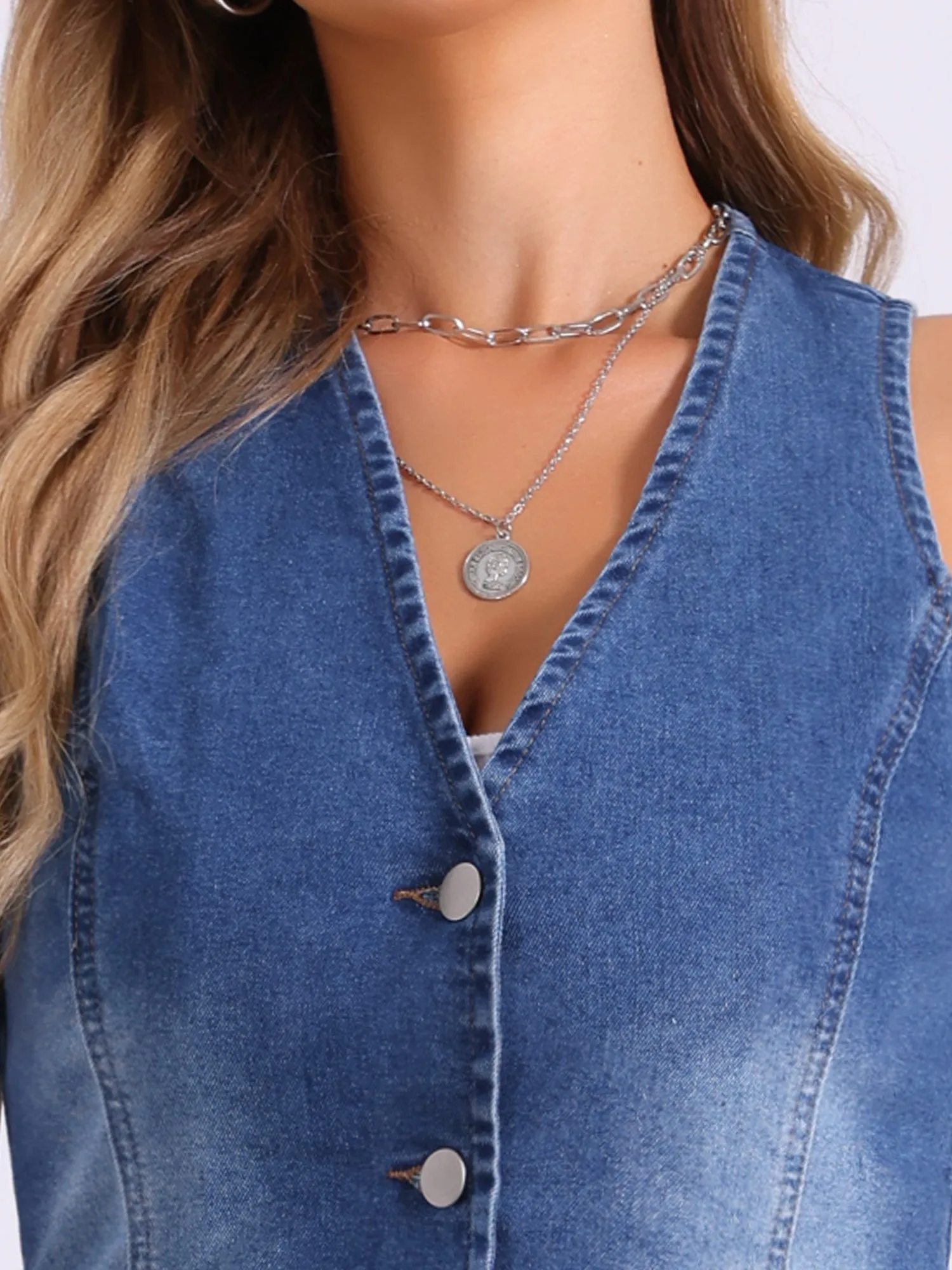 Denim Sleeveless Button Down Jean Waistcoat Vest sold by Allegra K product image thumbnail 4