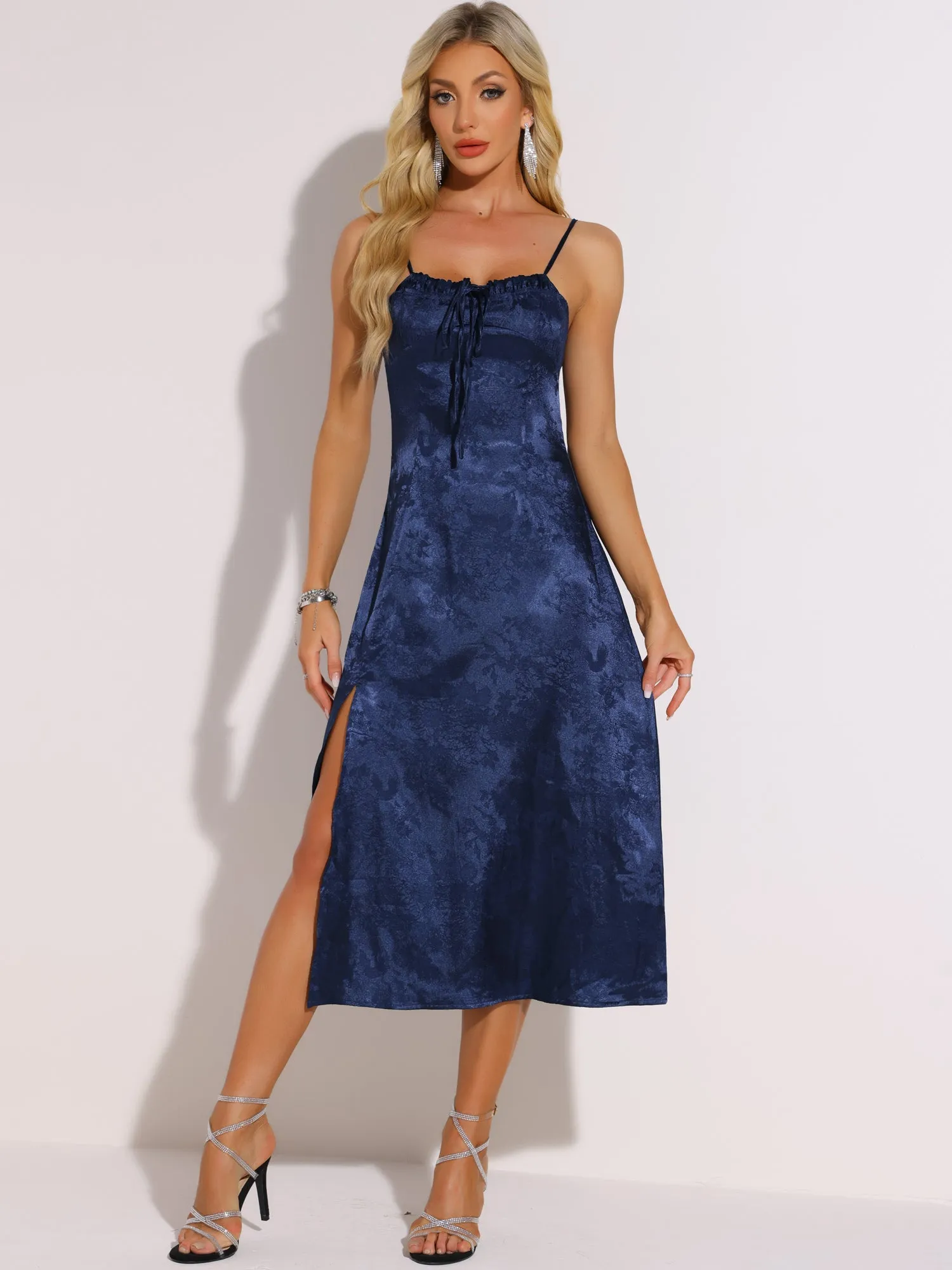 Spaghetti Strap Satin Square Neck Lace-Up Slit Midi Dress sold by Allegra K