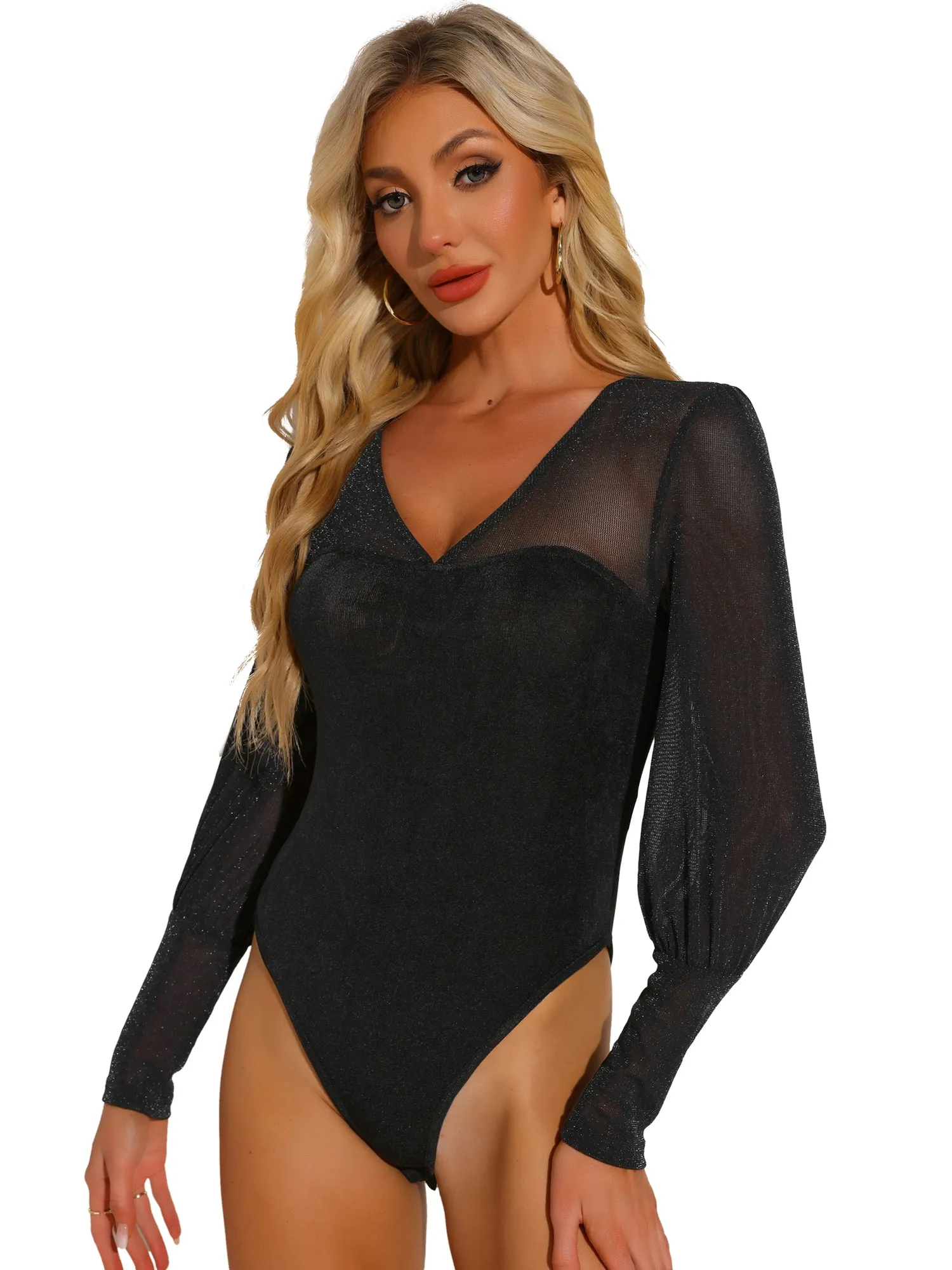 Glitter V Neck Lantern Long Sleeve Sheer Mesh Bodysuit sold by Allegra K product image thumbnail 4