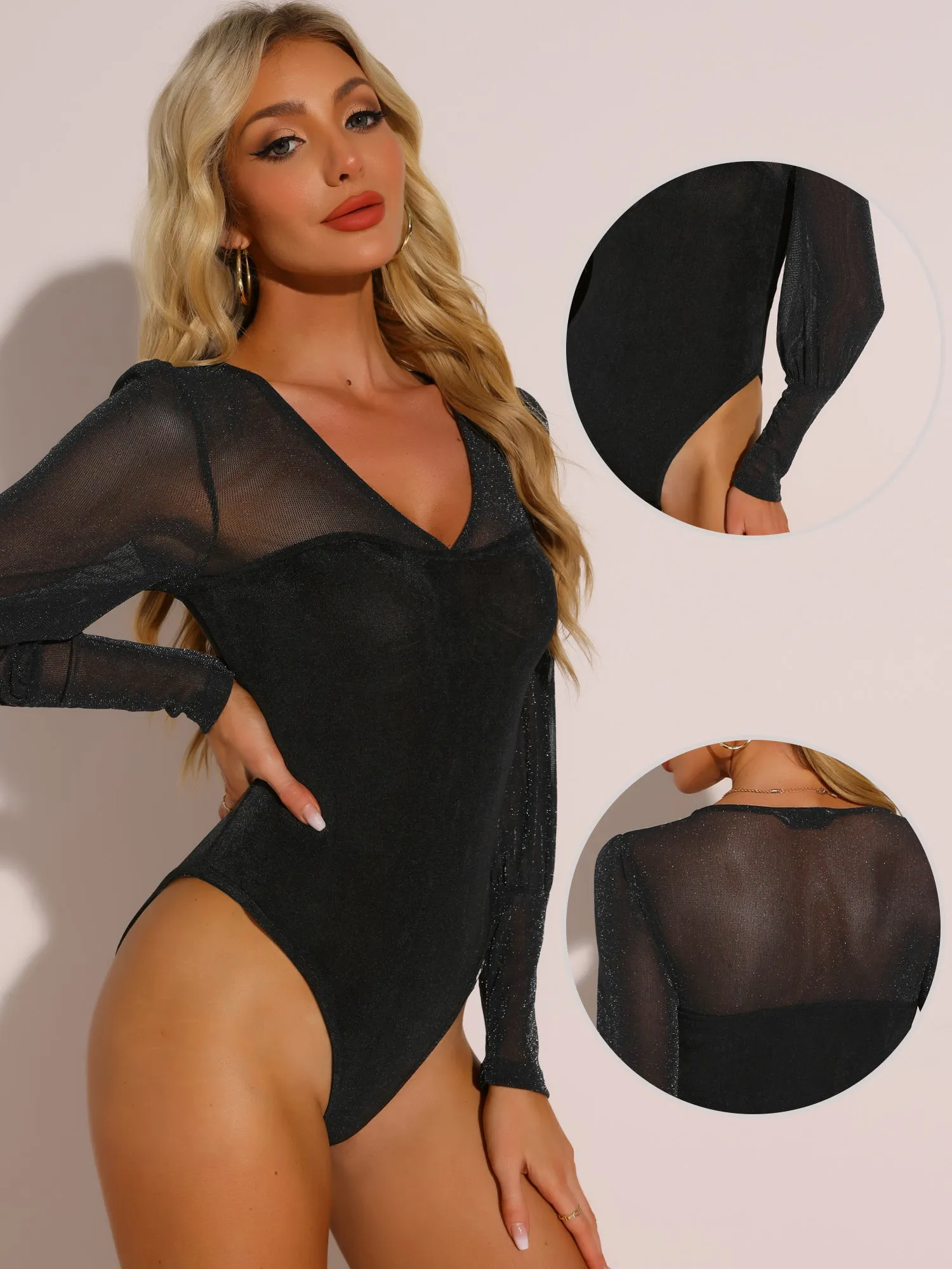 Glitter V Neck Lantern Long Sleeve Sheer Mesh Bodysuit sold by Allegra K product image thumbnail 2