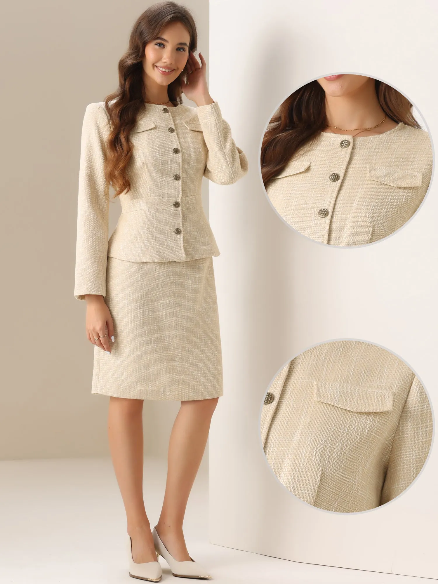 2 Pieces Tweed Peplum Collarless Jacket and Midi Skirt Sets sold by Allegra K product image thumbnail 2