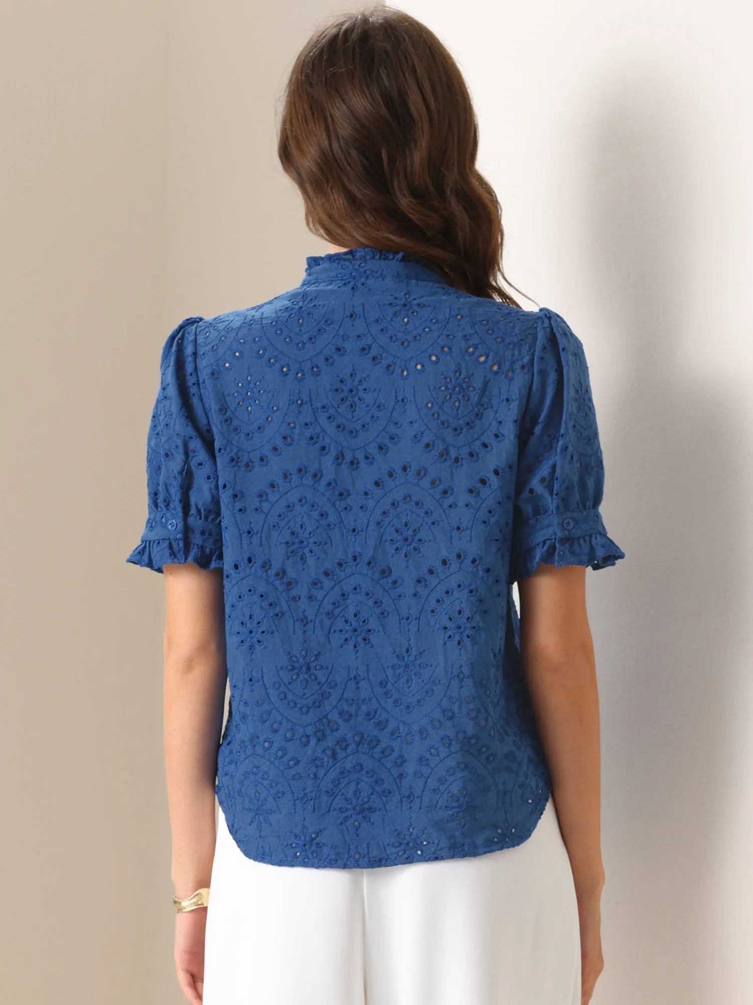 Puff Short Sleeve Notch Neck Buttons Eyelet Blouse sold by Allegra K product image thumbnail 2