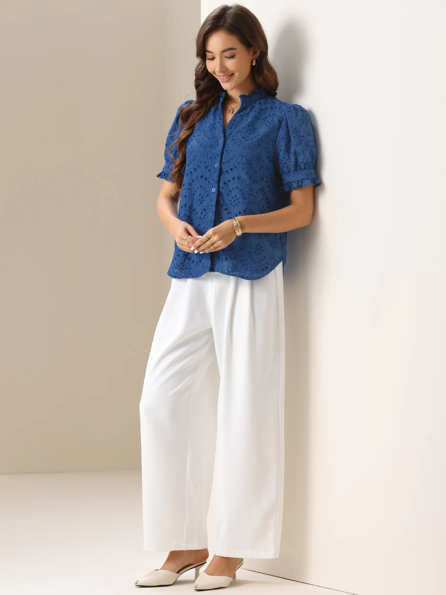 Puff Short Sleeve Notch Neck Buttons Eyelet Blouse sold by Allegra K product image thumbnail 3