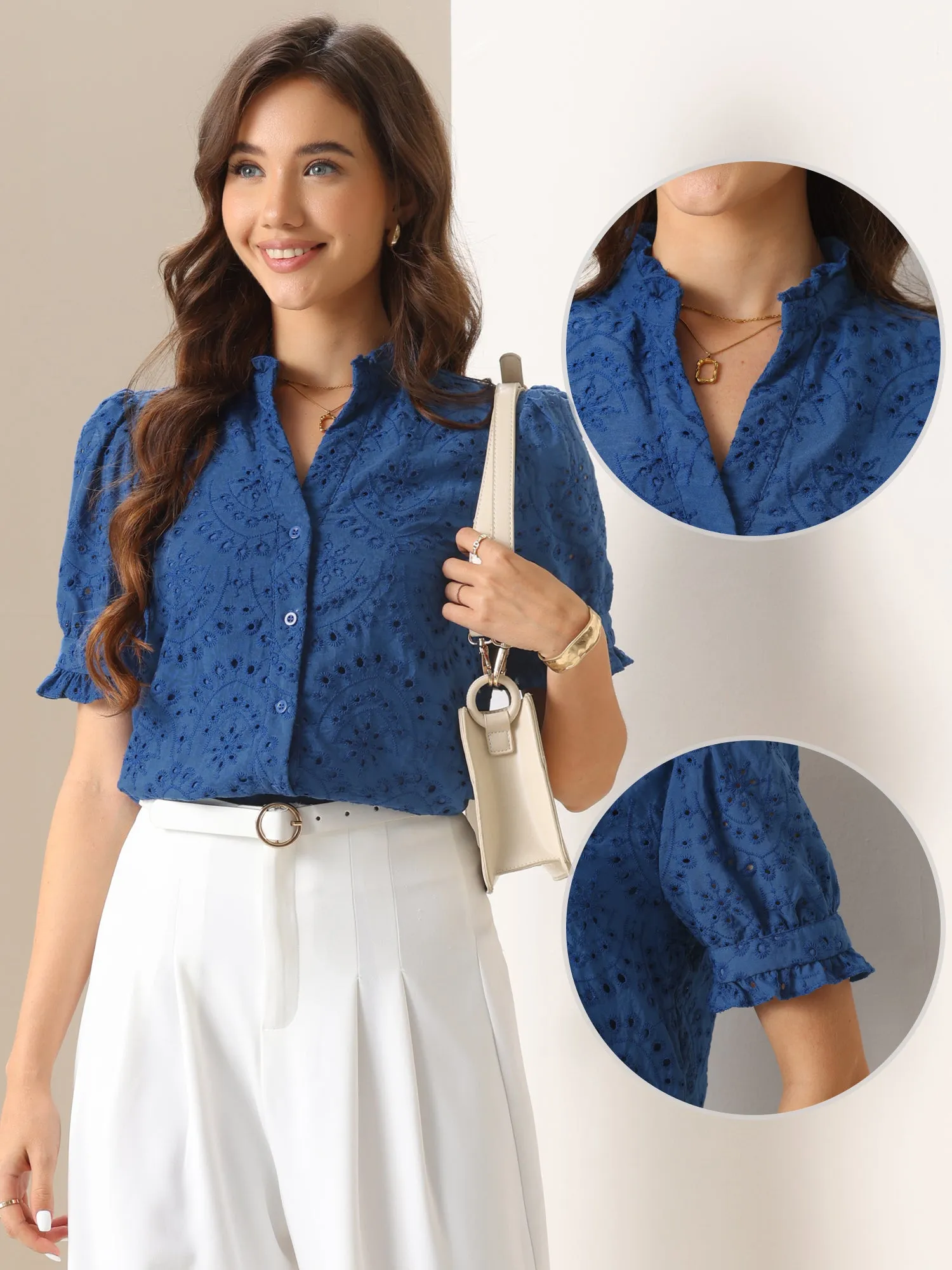 Puff Short Sleeve Notch Neck Buttons Eyelet Blouse sold by Allegra K