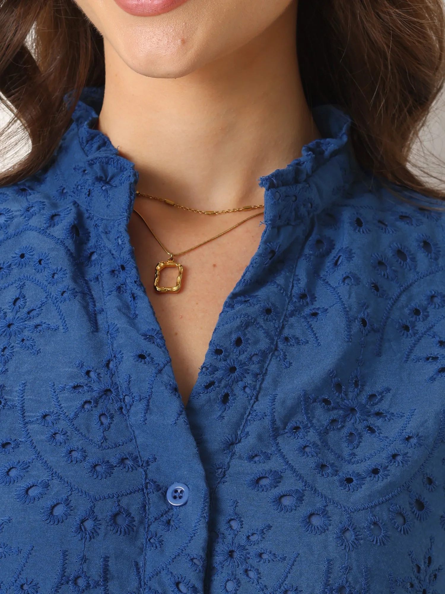 Puff Short Sleeve Notch Neck Buttons Eyelet Blouse sold by Allegra K product image thumbnail 4