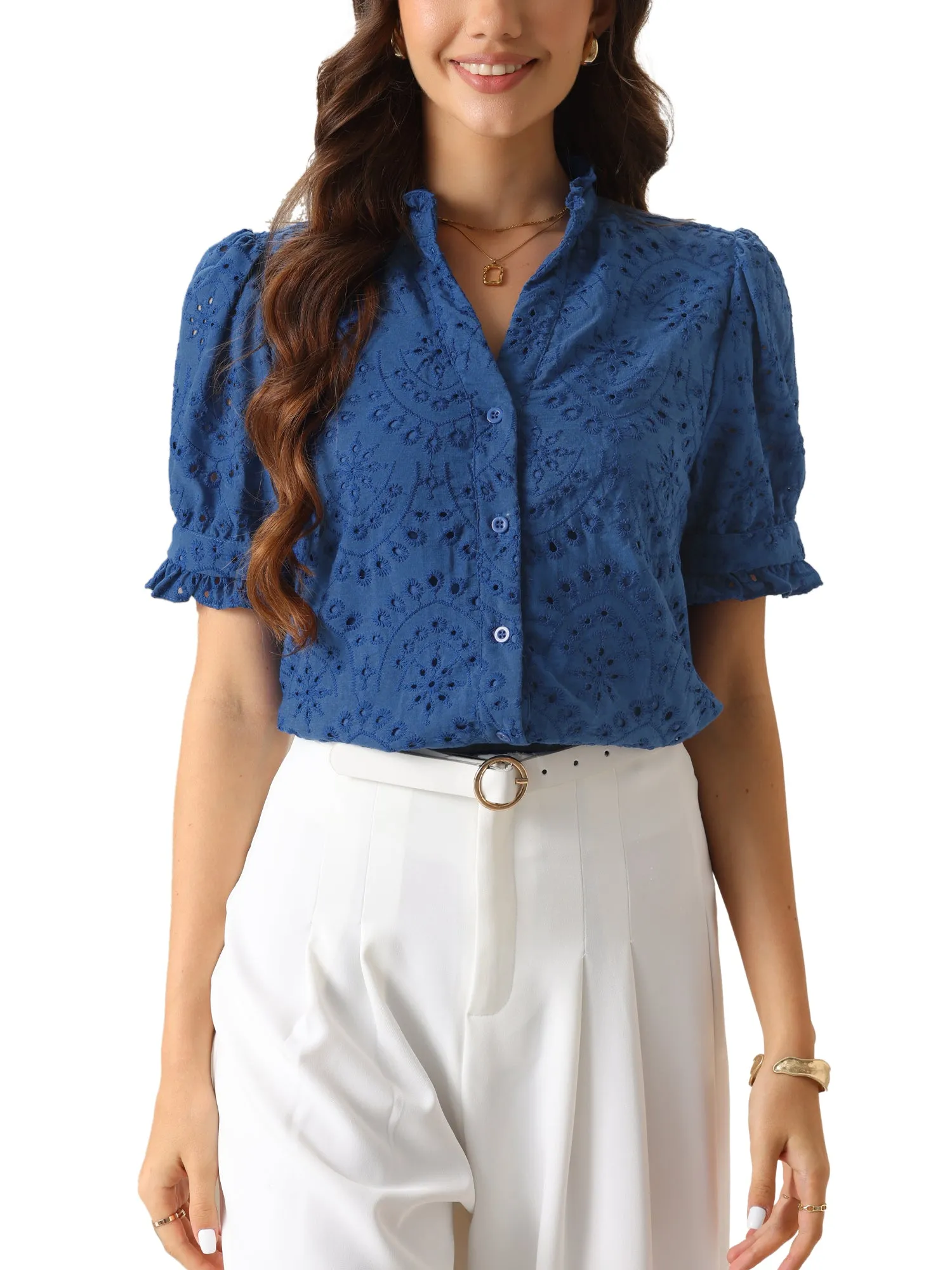 Puff Short Sleeve Notch Neck Buttons Eyelet Blouse sold by Allegra K product image thumbnail 5