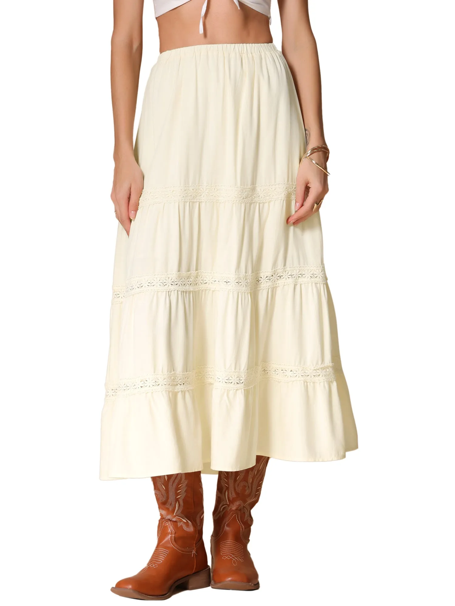 Lace Trim Tiered Elastic High Waist Maxi Skirt sold by Allegra K product image thumbnail 5