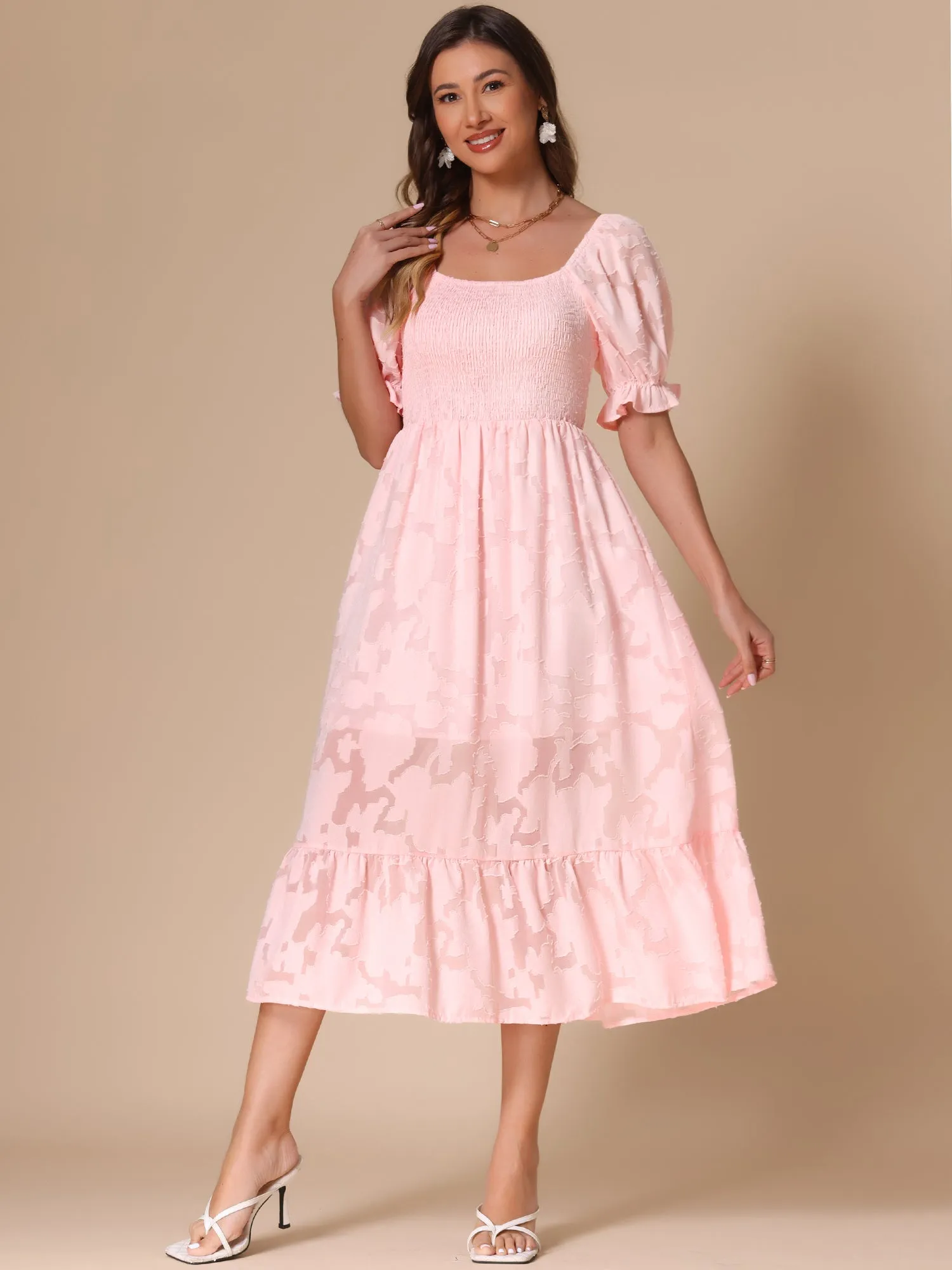 Puff Sleeve Smocked Textured Flowy Tiered Midi Dress sold by Allegra K