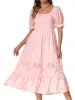 Puff Sleeve Smocked Textured Flowy Tiered Midi Dress sold by Allegra K