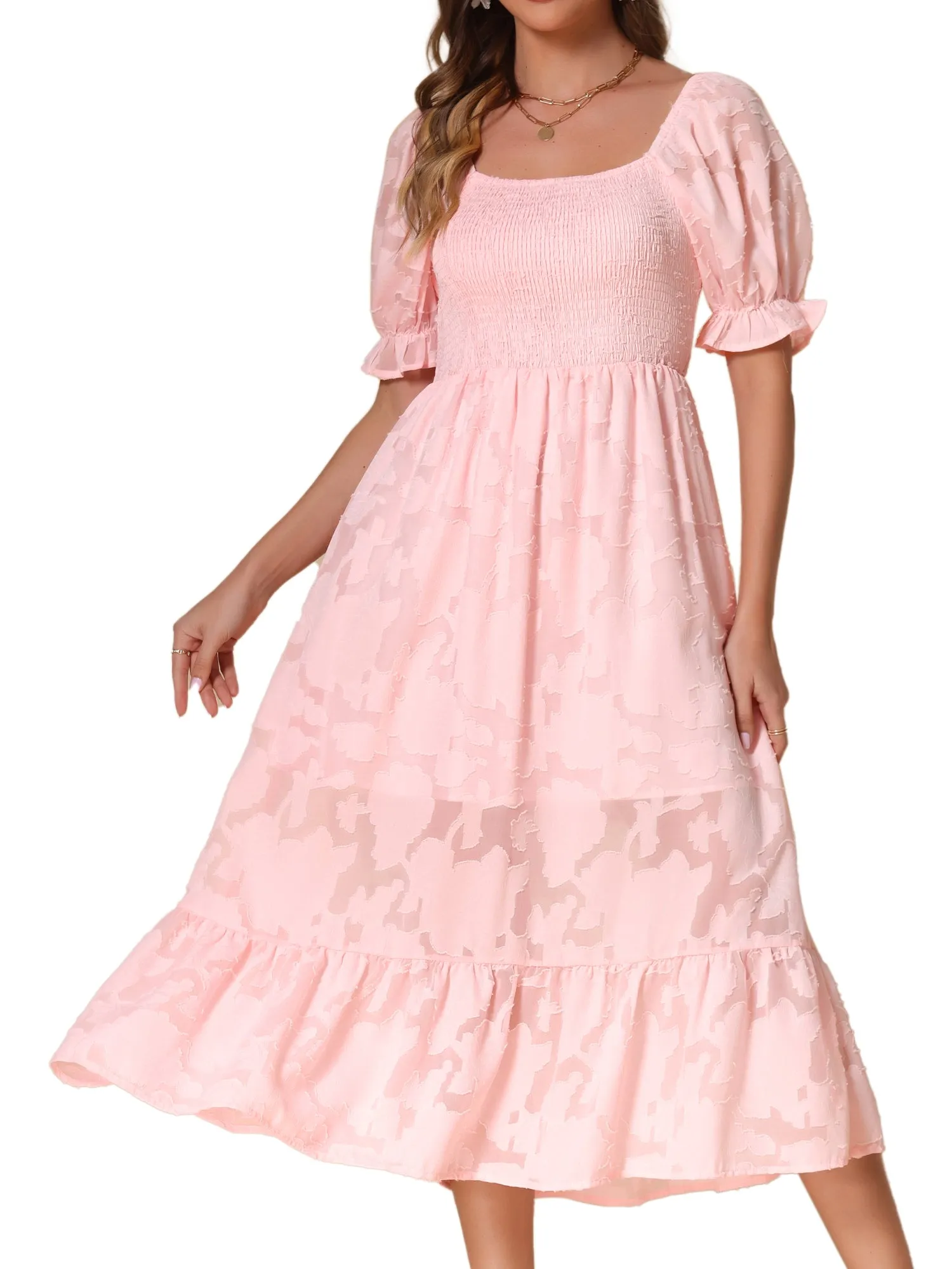 Puff Sleeve Smocked Textured Flowy Tiered Midi Dress sold by Allegra K product image thumbnail 5