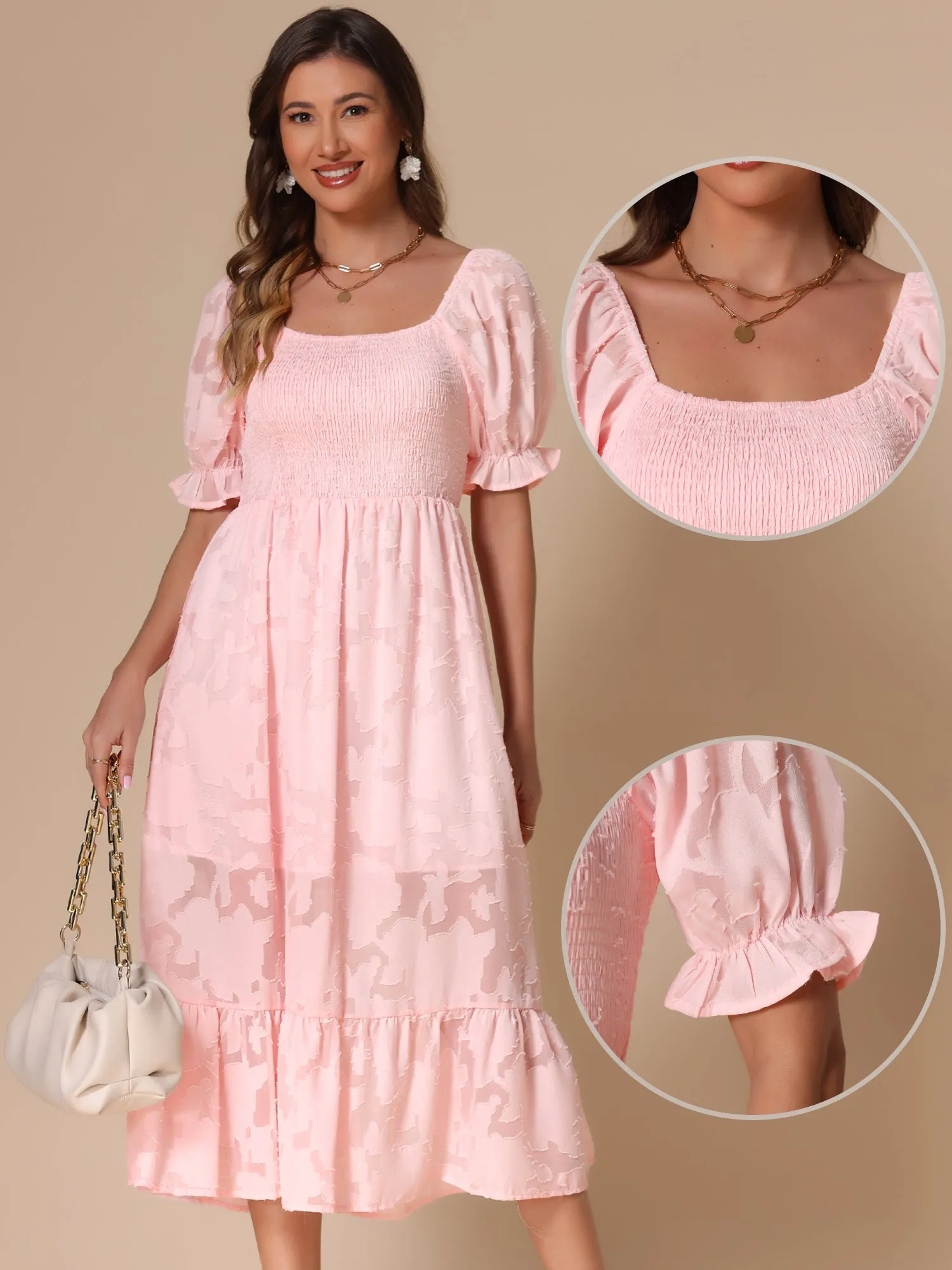 Puff Sleeve Smocked Textured Flowy Tiered Midi Dress sold by Allegra K product image thumbnail 3