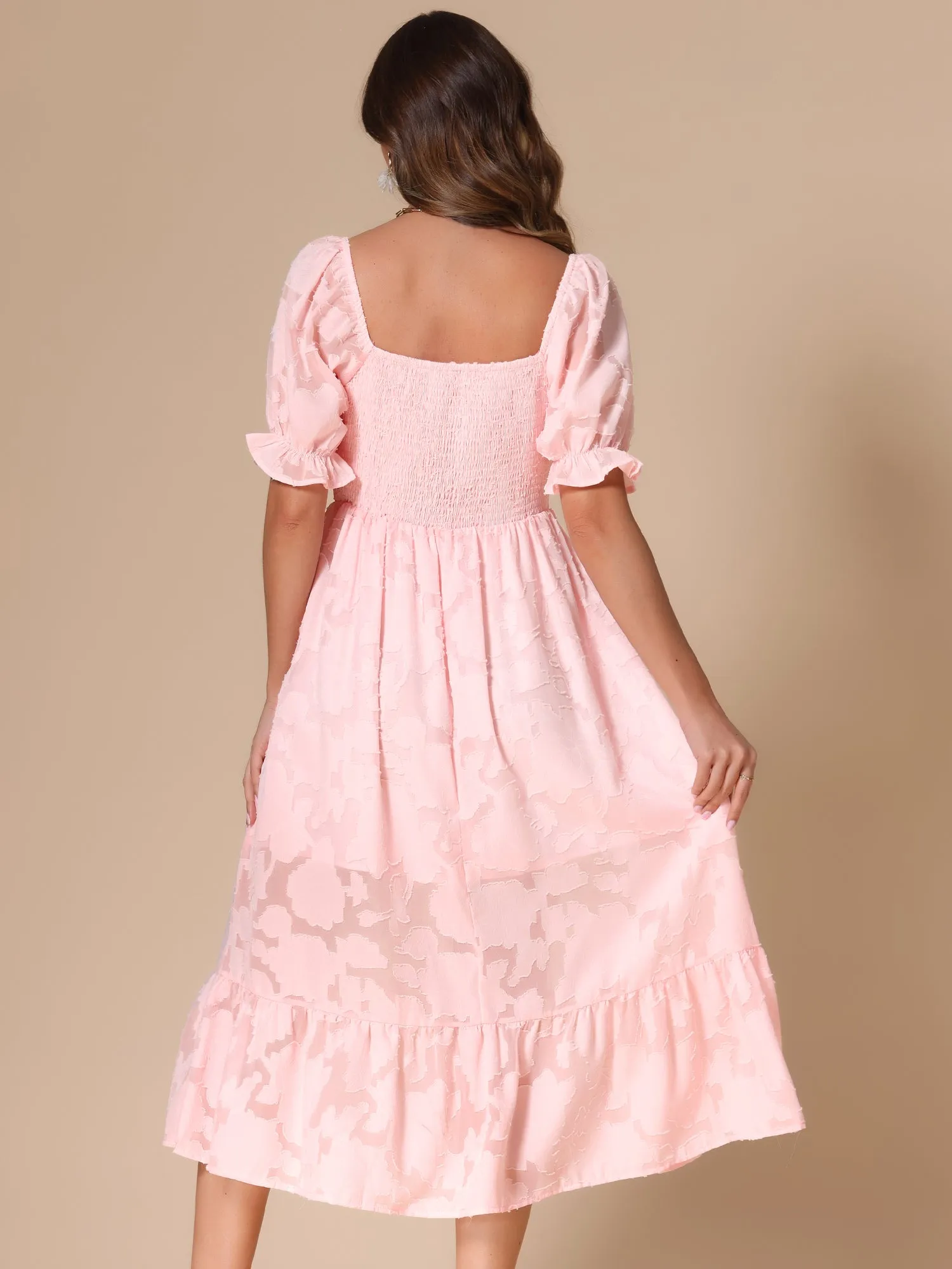 Puff Sleeve Smocked Textured Flowy Tiered Midi Dress sold by Allegra K product image thumbnail 2