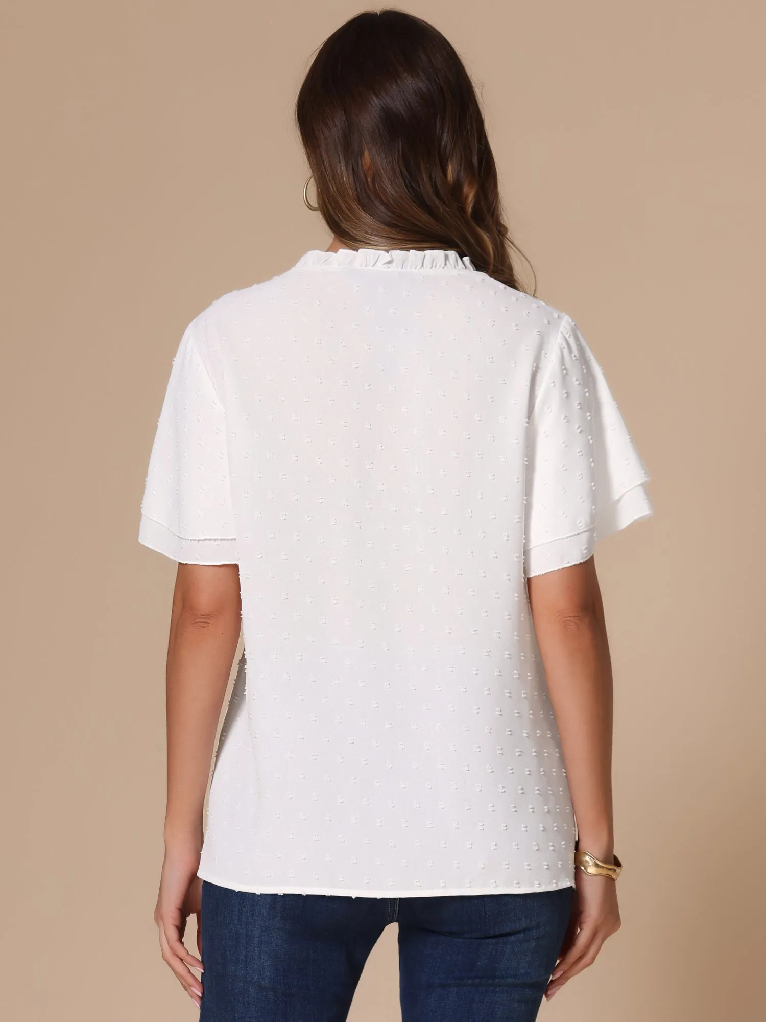 Notch Neck Ruffle Sleeve Flowy Swiss Dot Blouse sold by Allegra K product image thumbnail 3