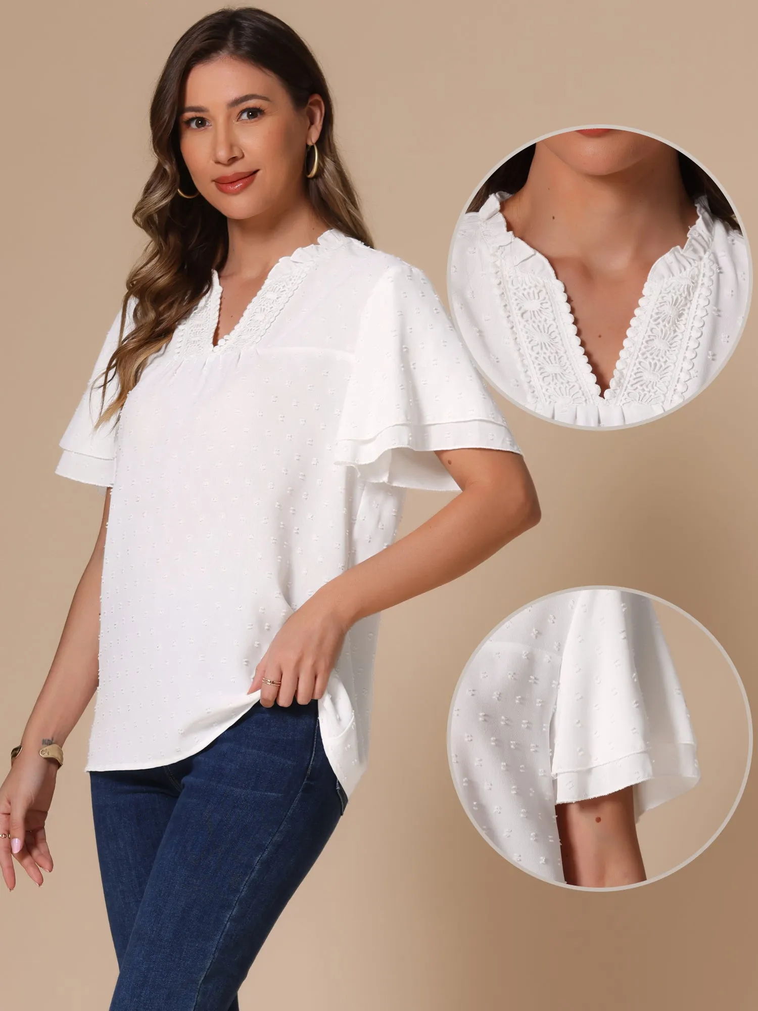 Notch Neck Ruffle Sleeve Flowy Swiss Dot Blouse sold by Allegra K product image thumbnail 2