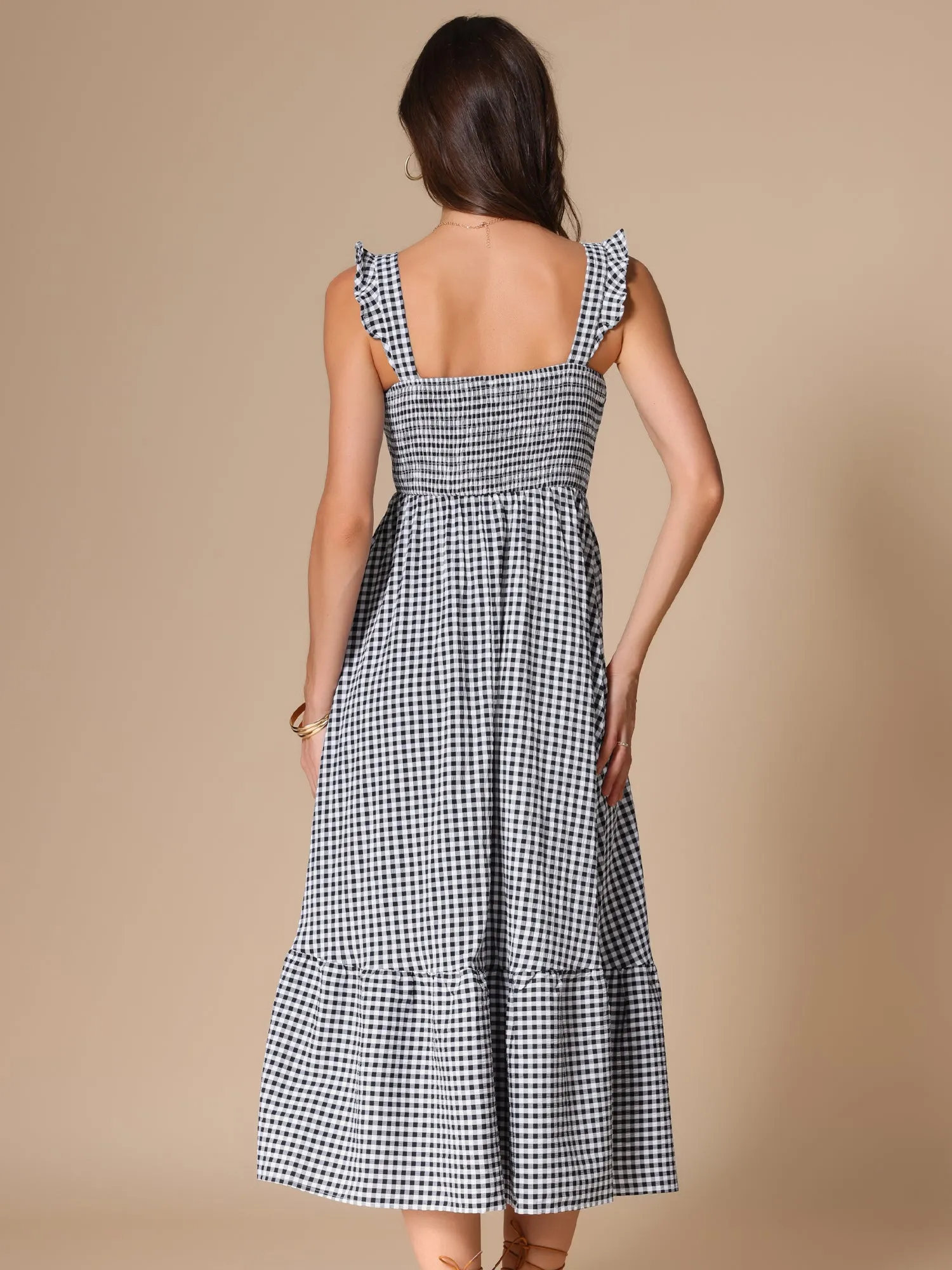 Gingham Sleeveless Flowy A-Line Tiered Hem Smocked Midi Dress sold by Allegra K product image thumbnail 2