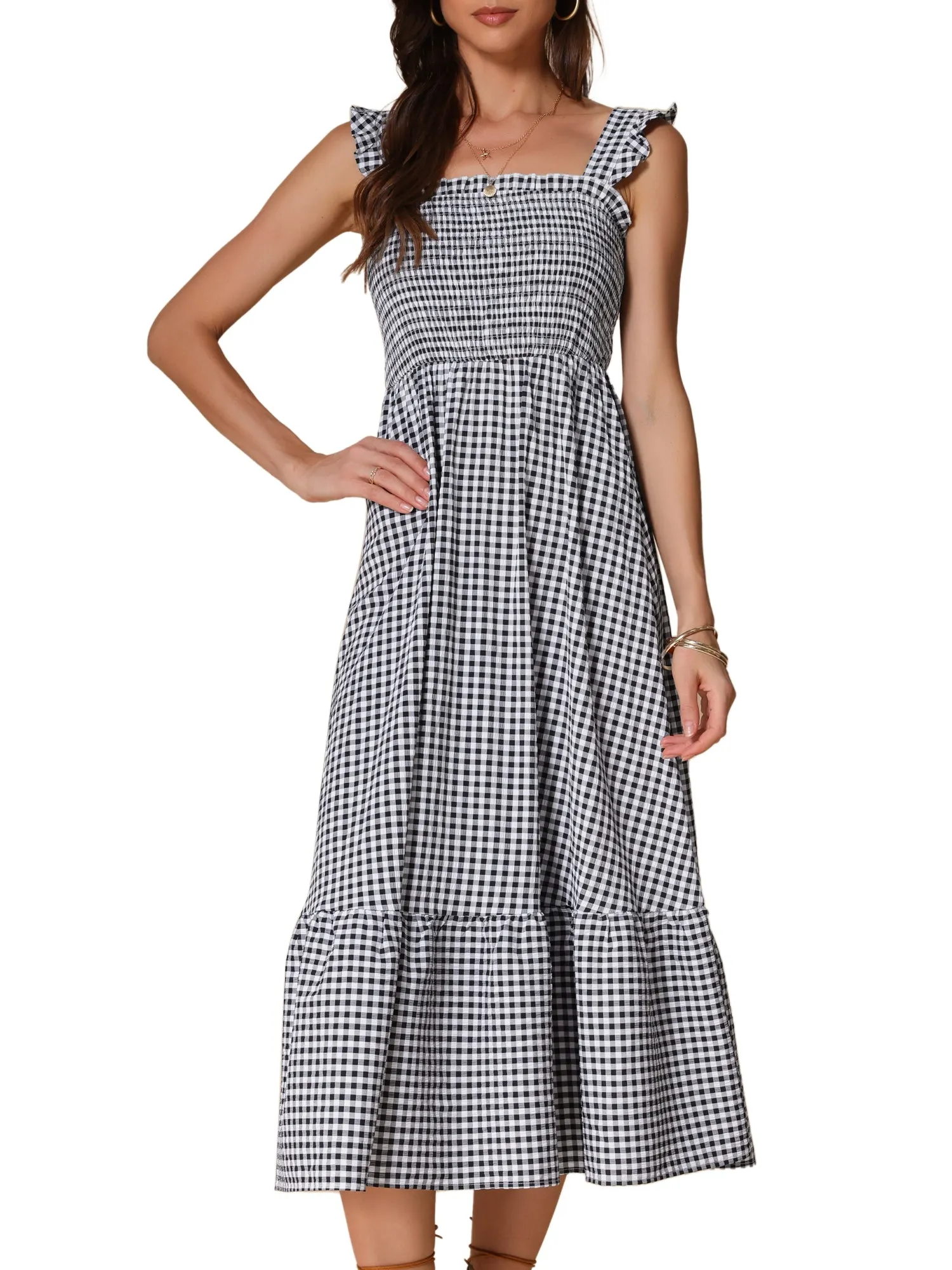 Gingham Sleeveless Flowy A-Line Tiered Hem Smocked Midi Dress sold by Allegra K product image thumbnail 4