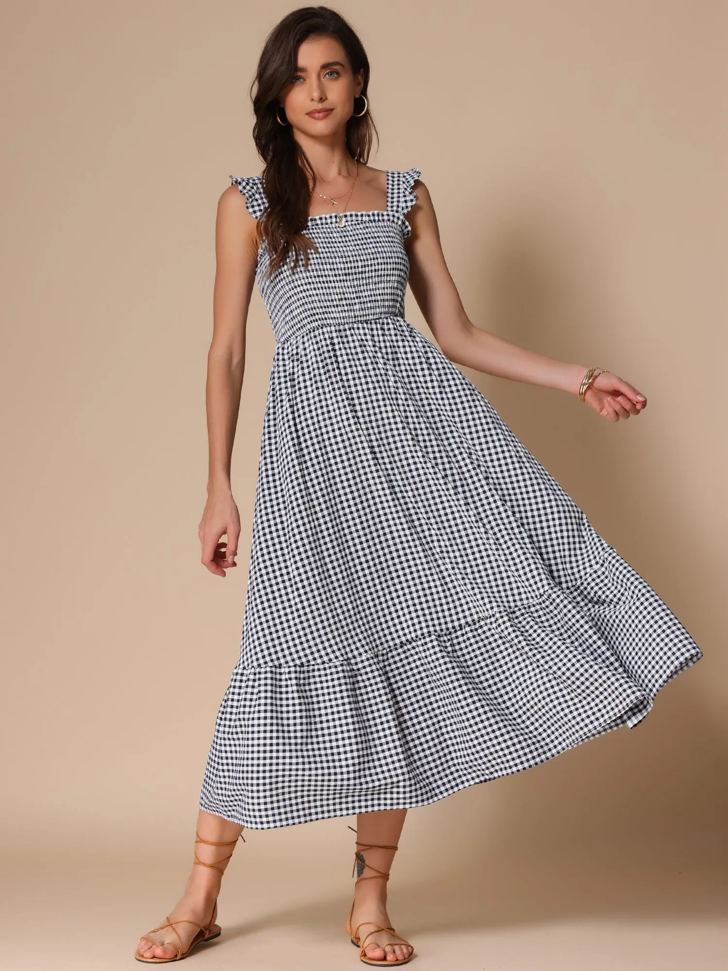 Gingham Sleeveless Flowy A-Line Tiered Hem Smocked Midi Dress sold by Allegra K