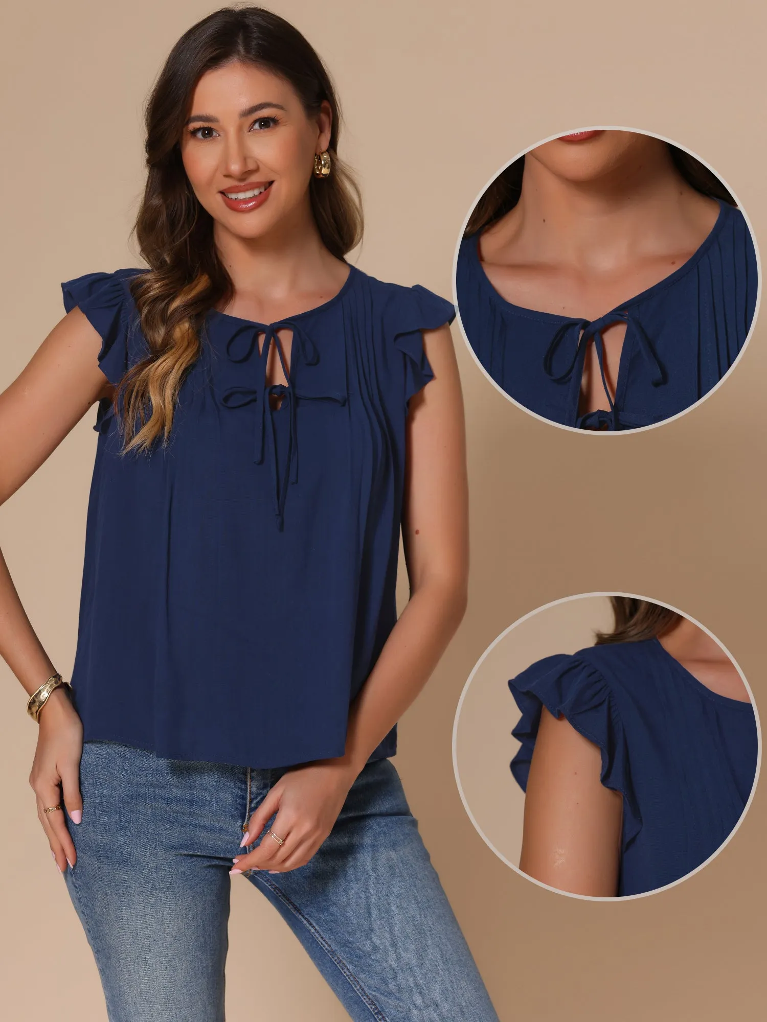 Ruffle Short Sleeve Lace-Up Bow Pleated Blouse sold by Allegra K product image thumbnail 2