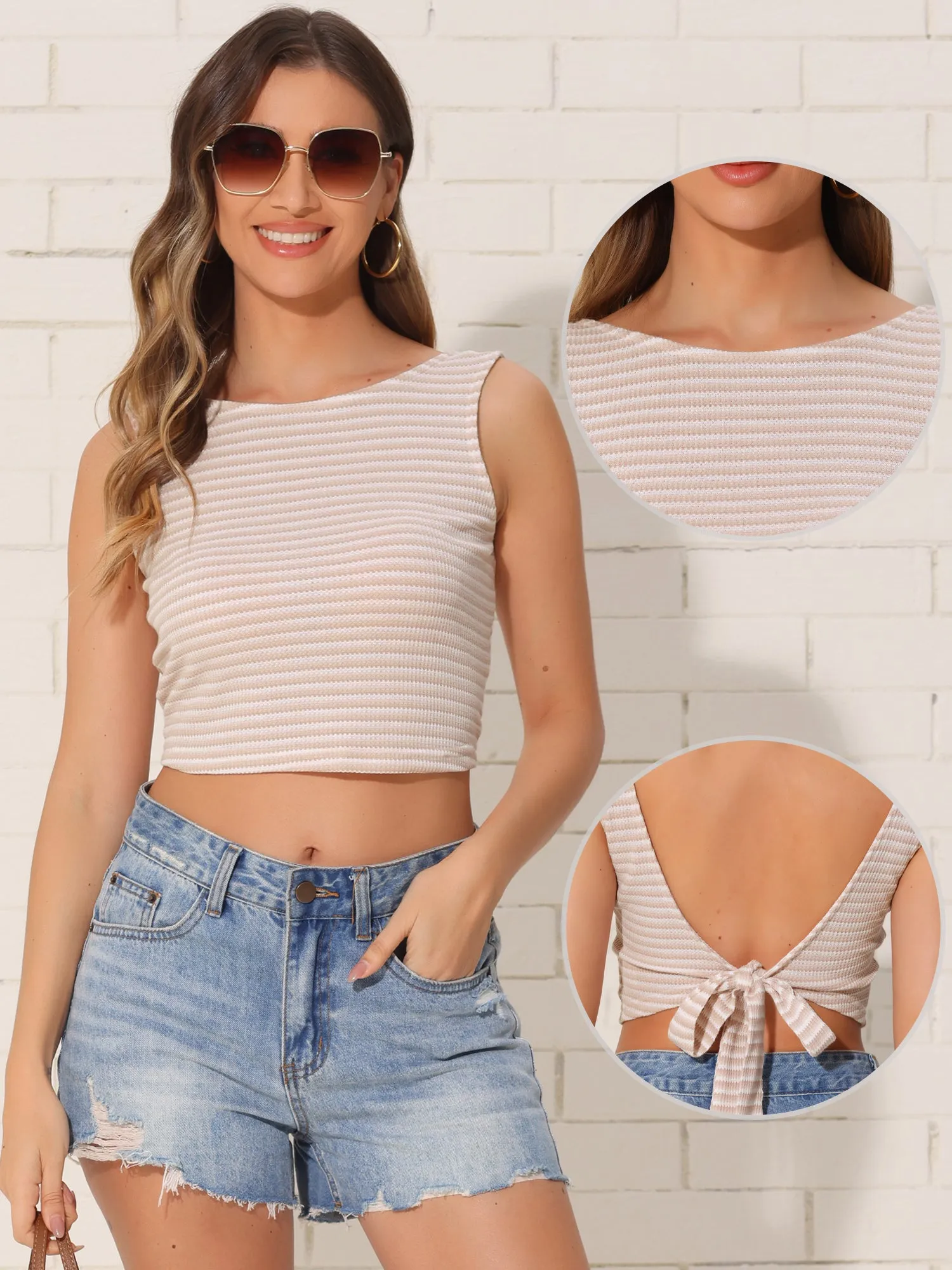 Boat Neck Backless Bow Lace-Up Cropped Tank Top sold by Allegra K