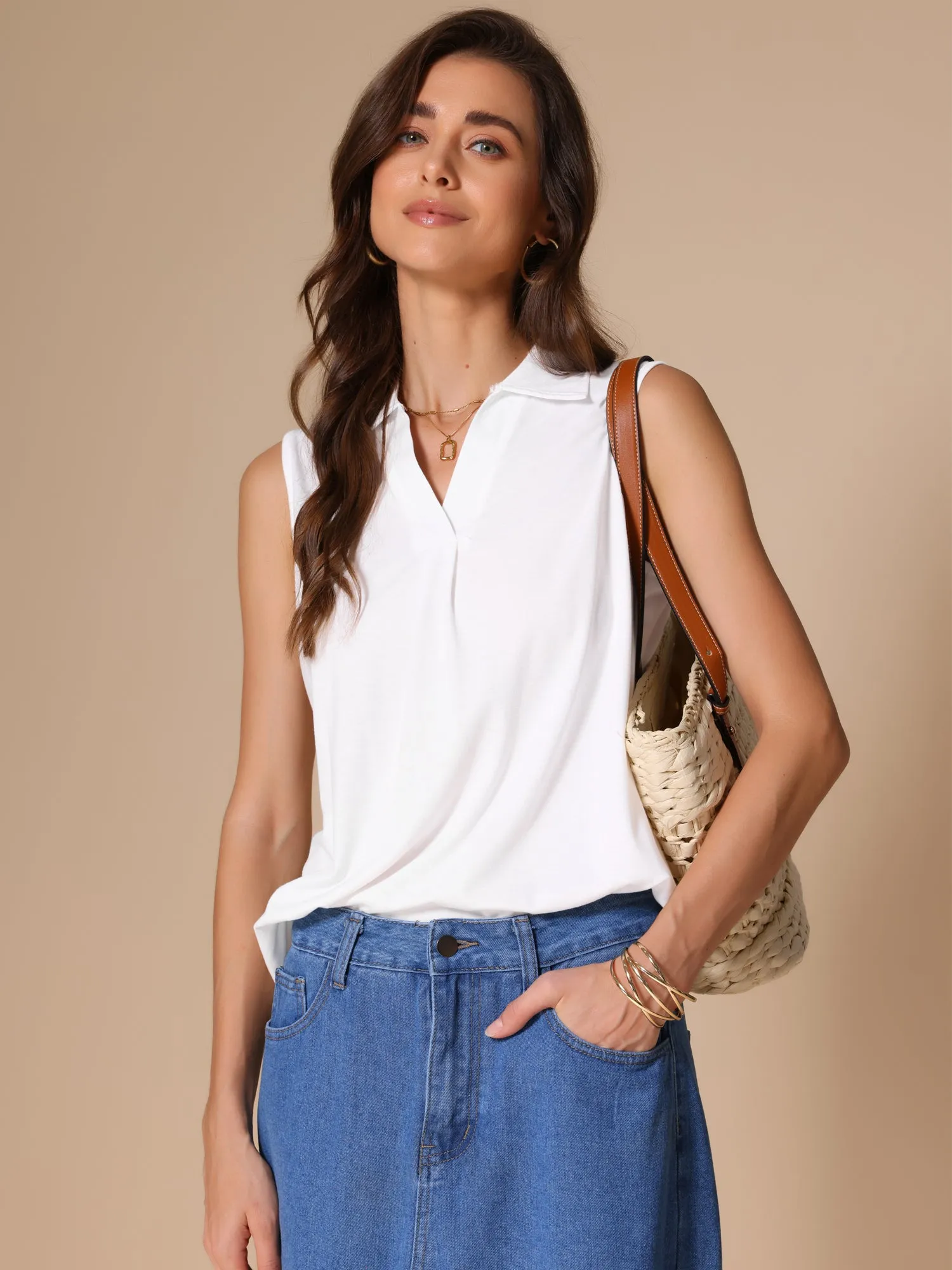Sleeveless Collar V Neck Solid Color Polo Casual Top sold by Allegra K