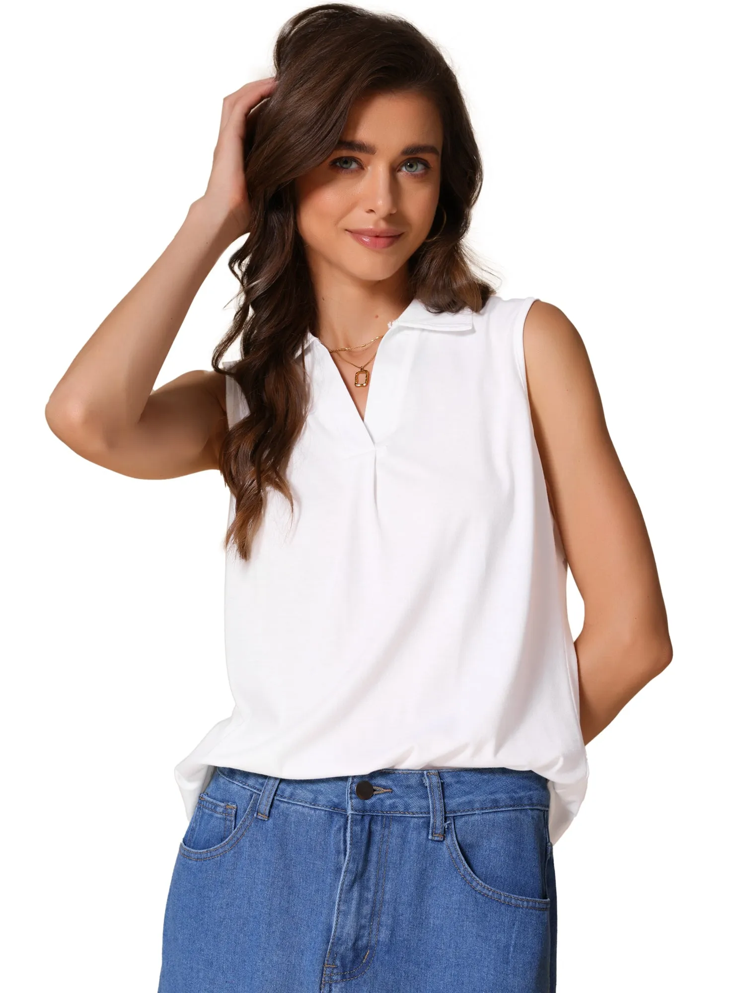Sleeveless Collar V Neck Solid Color Polo Casual Top sold by Allegra K product image thumbnail 5